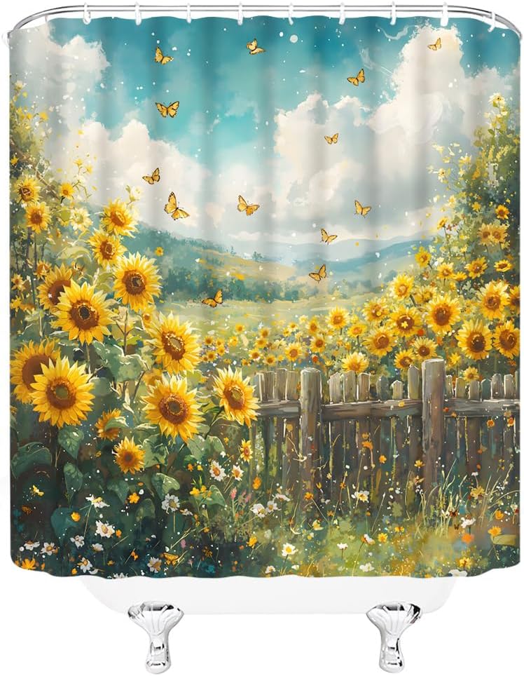 Butterfly Sunflower Shower Curtain Yellow Sunflower Farmhouse Rustic Floral Watercolor Bathroom Decor Curtains Set with Hooks, 70" W x 86" H