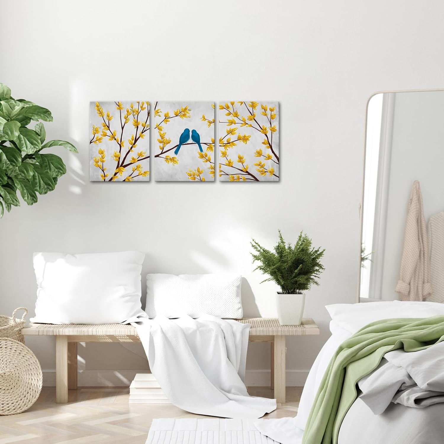 Zlove Birds Canvas Wall Art Yellow and Grey Love Bird on Tree Branch Painting Pictures Prints for Bedroom, 12"x16"x3pcs - Image 4