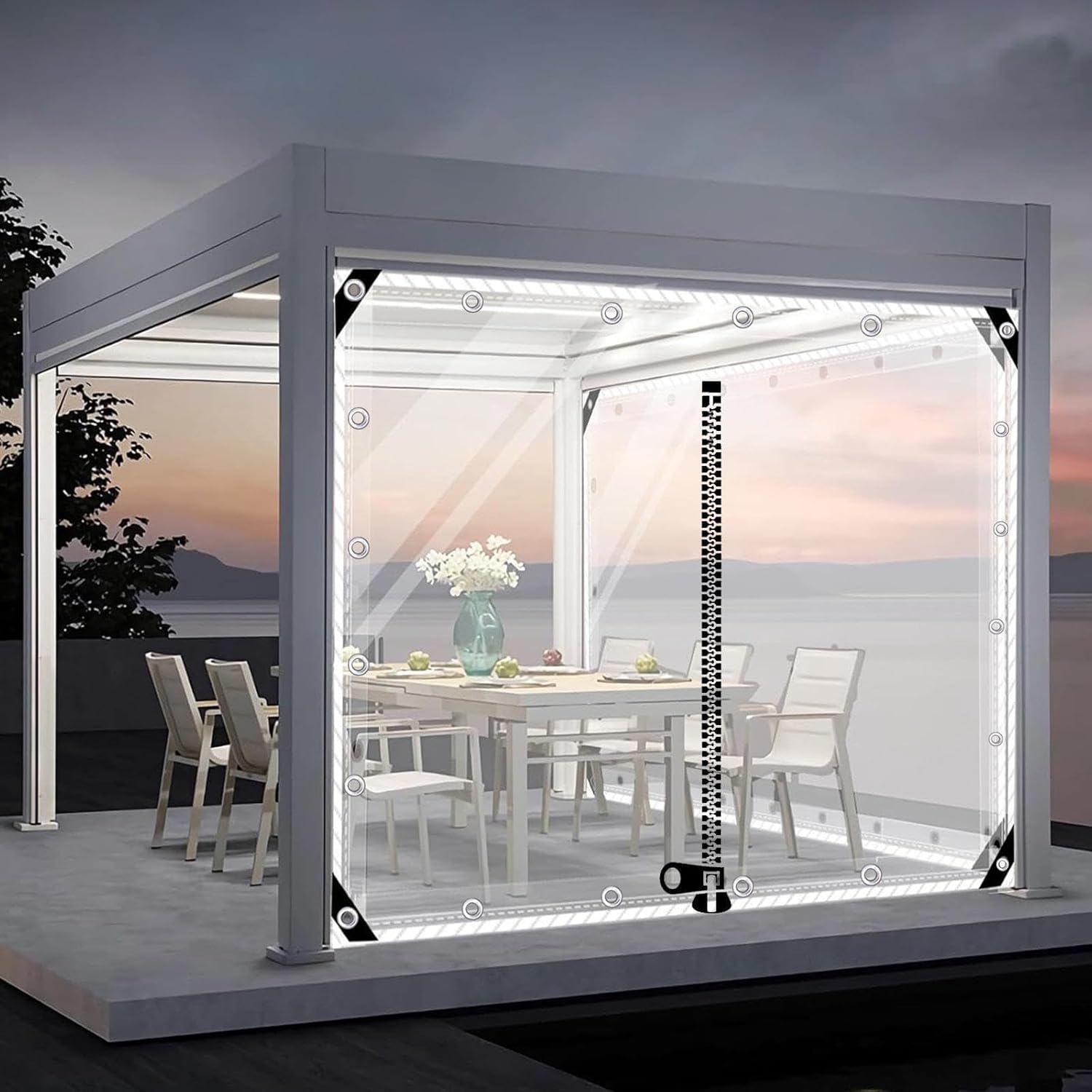 Waterproof Tarpaulin with Grommets,0.5mm PVC Transparent Tarpaulin Side Panels,Outdoor Clear Tarp Curtains, Pergola Gazebo Patio Partition Curtains with Zipper,Weatherproof,L×H-5.5 * 2.8m(18 * 9.2ft)