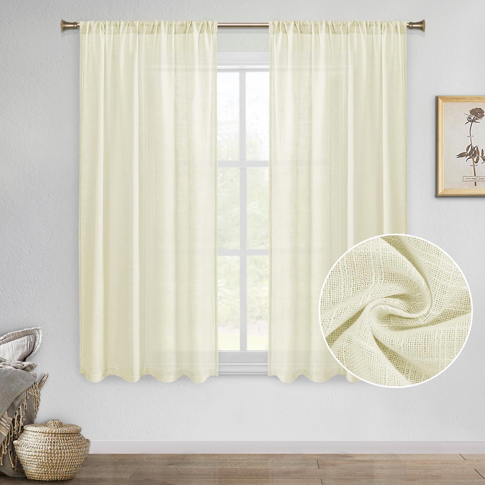 DWCNFlax Linen Sheer Curtains Semitransparent Window Panels Rod Pocket Living Room Voile Sheer Curtains Light Glare Filtering, Set of 2, Light Beige, 52 x 54 Inches