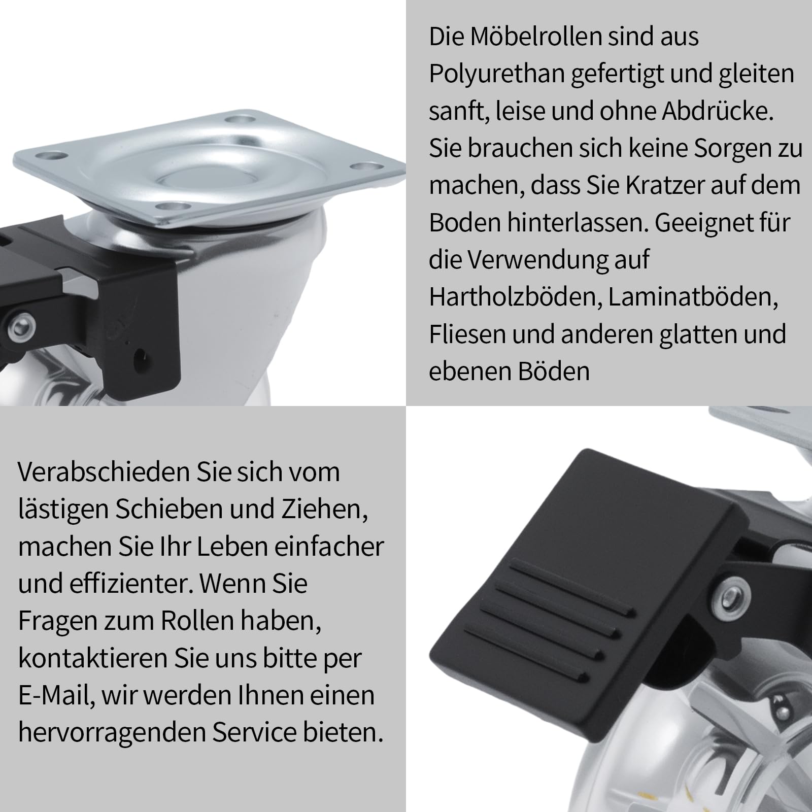 8er Set Möbelrollen, 50mm Lenkrollen mit Bremse, Tragfähigkeit 160 kg 360°Drehung, Schwerlastrollen Klein, für Palettenmöbel, Couchtische