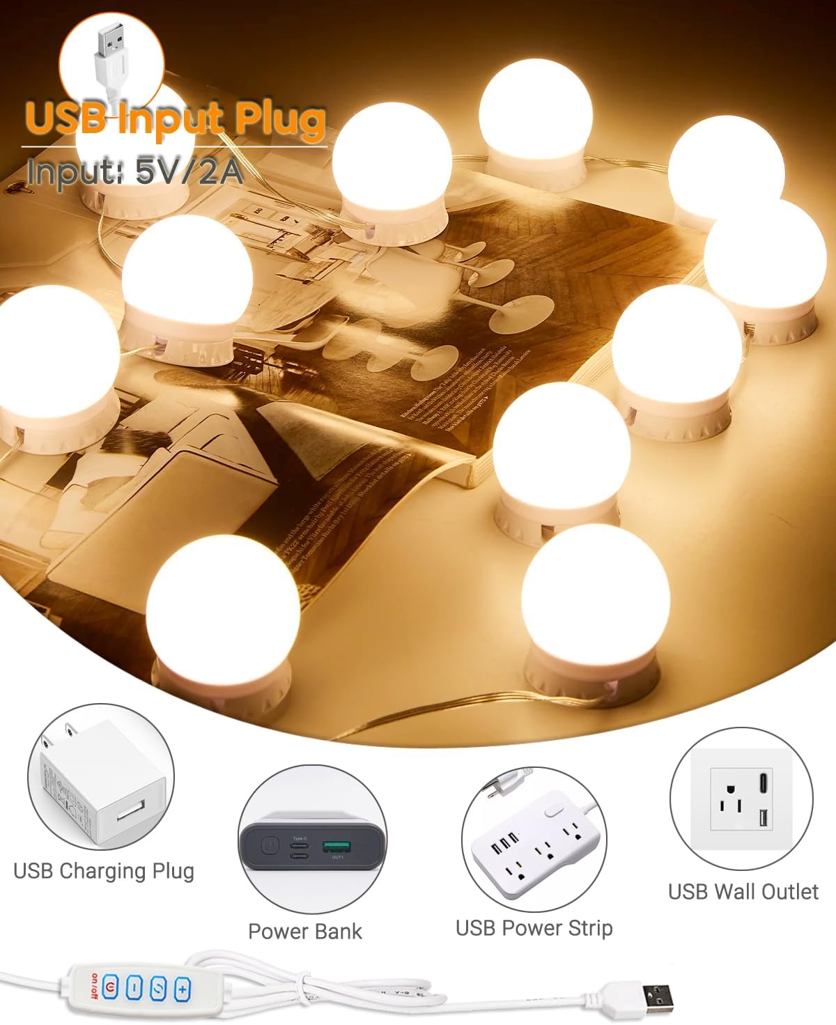 LED Vanity Lights - Adjustable Color Temp & Brightness,14 Dimmable Bulbs for Dressing Mirror Lighting