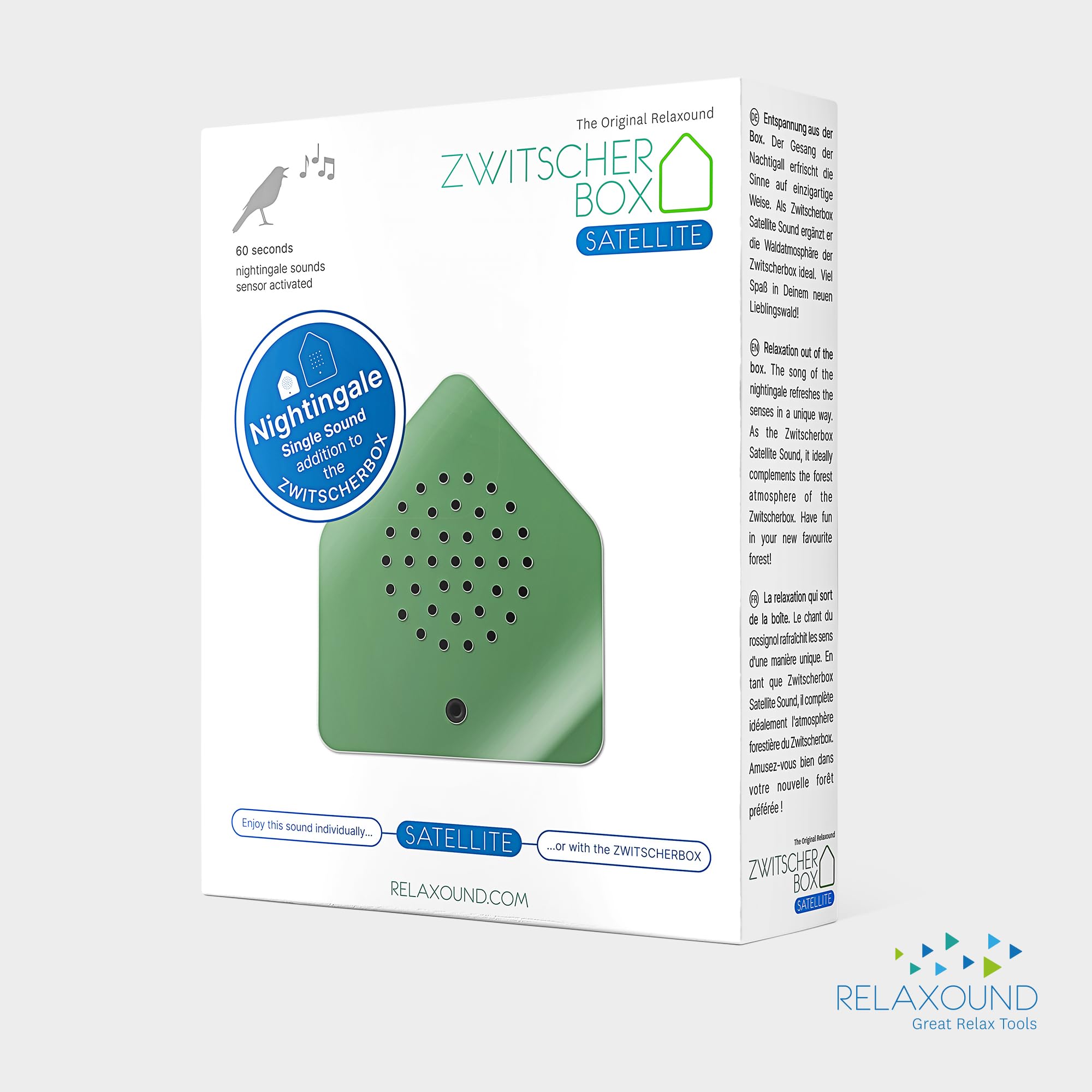 RELAXOUND Zwitscherbox originale Satellite Nightingale Green – moderno canto degli uccelli – rilassante – rilevatore di movimento con suono – Soundbox
