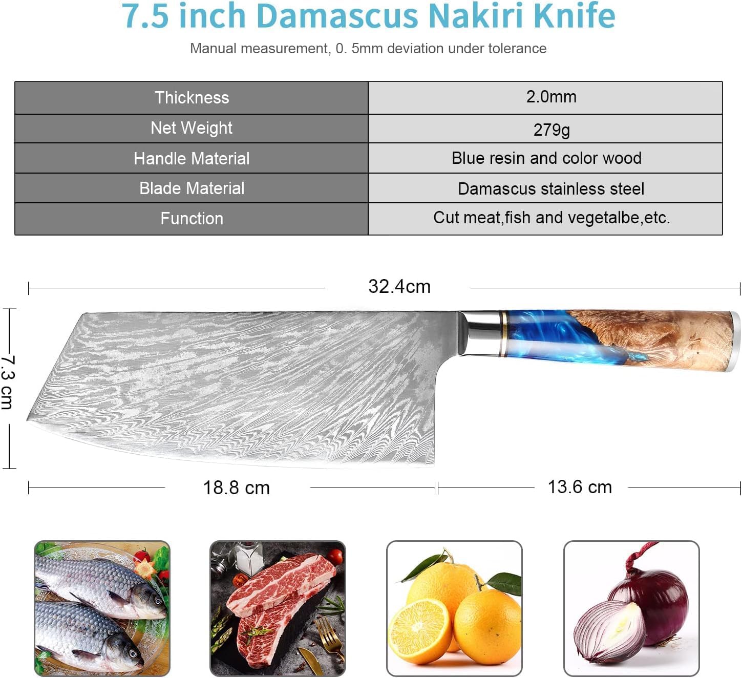 8-Inch Cleaver Knife, Kitchen Chef Japanese VG10 Stainless Steel Beautiful Pattern and G10 Handle with Special Resin Ring Professional Damascus Knife, Blue