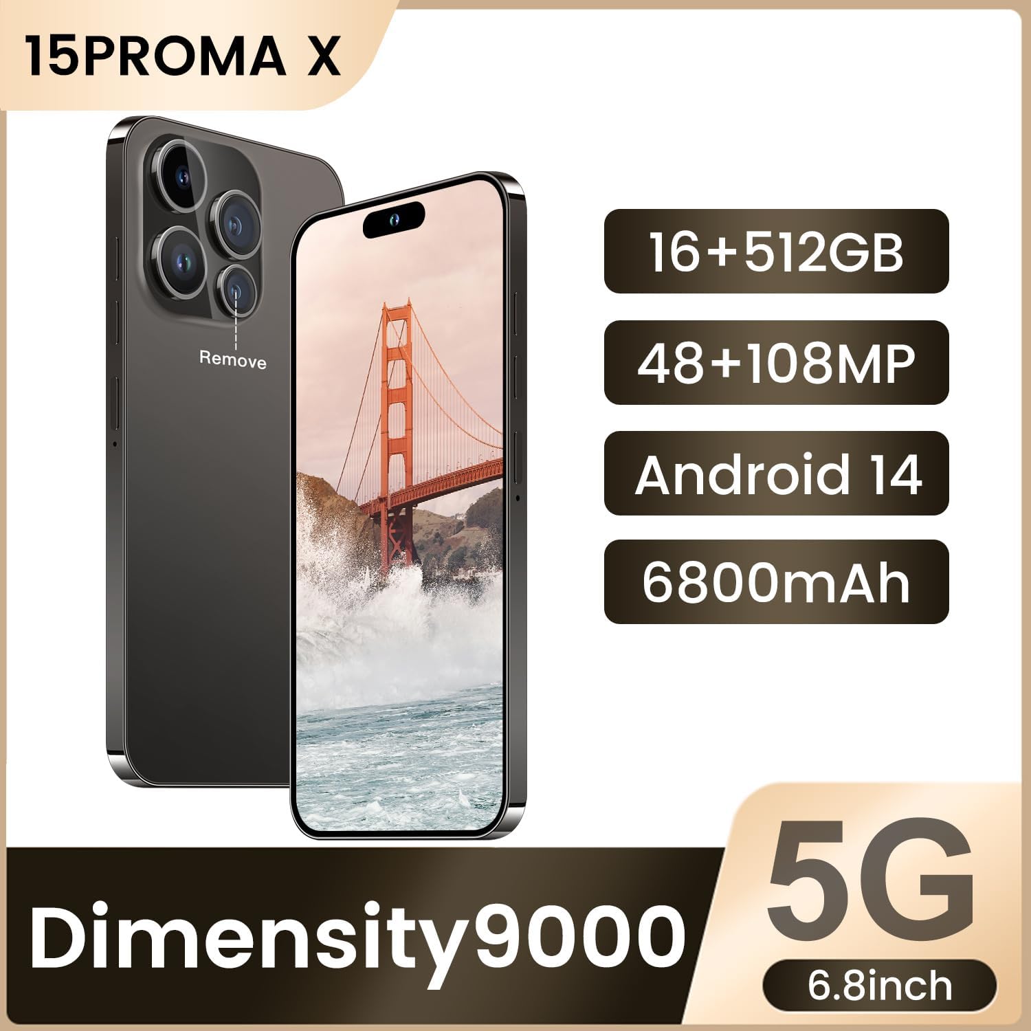 15 PMAX Unlocked Phone,Smartphone Battery 6800mAh 6.8" HD Screen The Phone,Android 14.0 16+512GB with 128GB Memory Card Cell Phone, 5G/Face ID/Fingerprint Lock/GPS (Black)