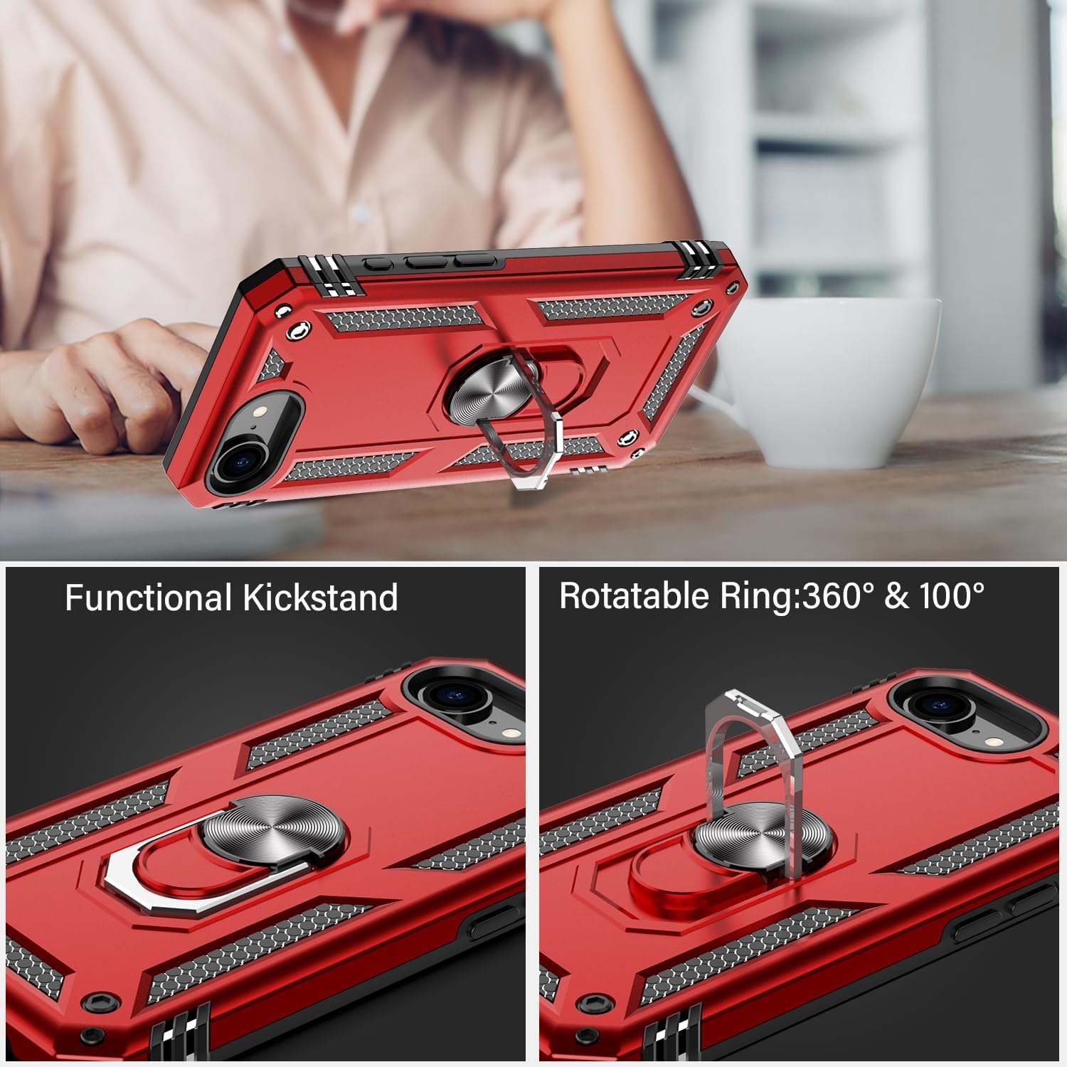 IKAZZ for iPhone 16e Case 6.1 Inch with Screen Protector,Military Grade Shockproof Heavy Duty Protective Phone Cover Pass 16ft Drop Test with Magnetic Kickstand Car Mount Holder,Red Color image 5