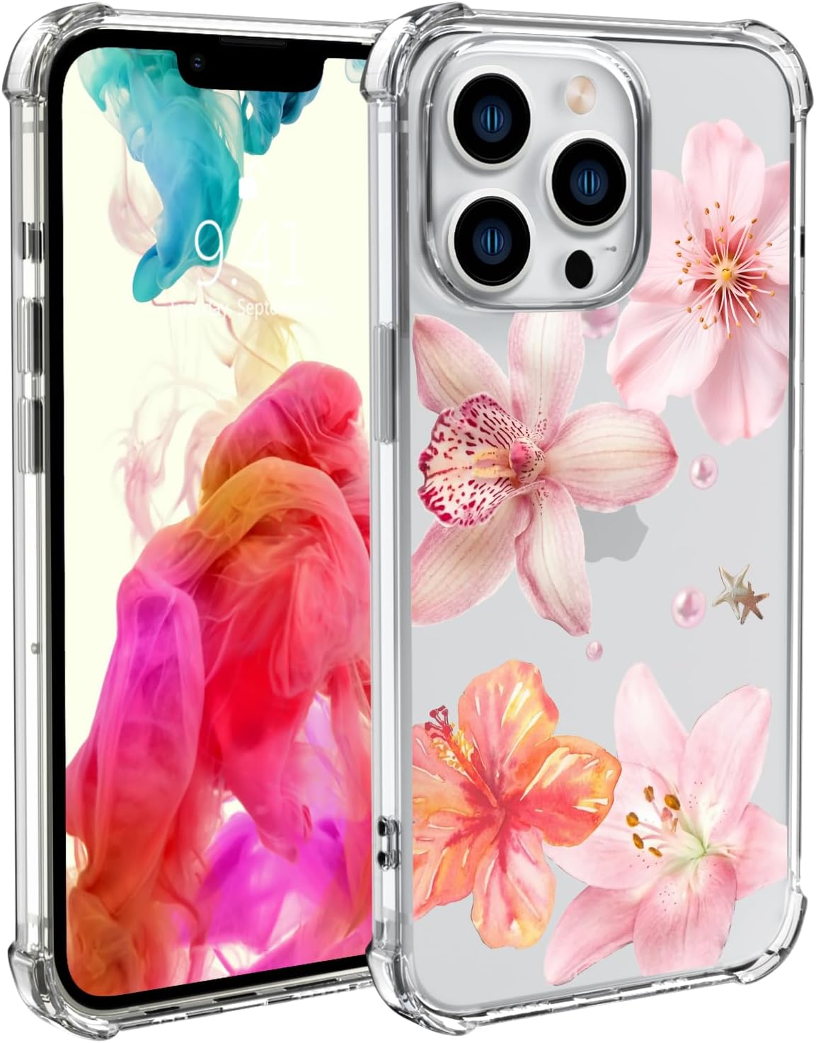Pink Lily Flowers Phone Case for iPhone 15 PRO MAX Pink Lily Case Cover Clear Phone Case Four Corner Reinforced Shockproof Girly Women Phone Cover Transparent Case