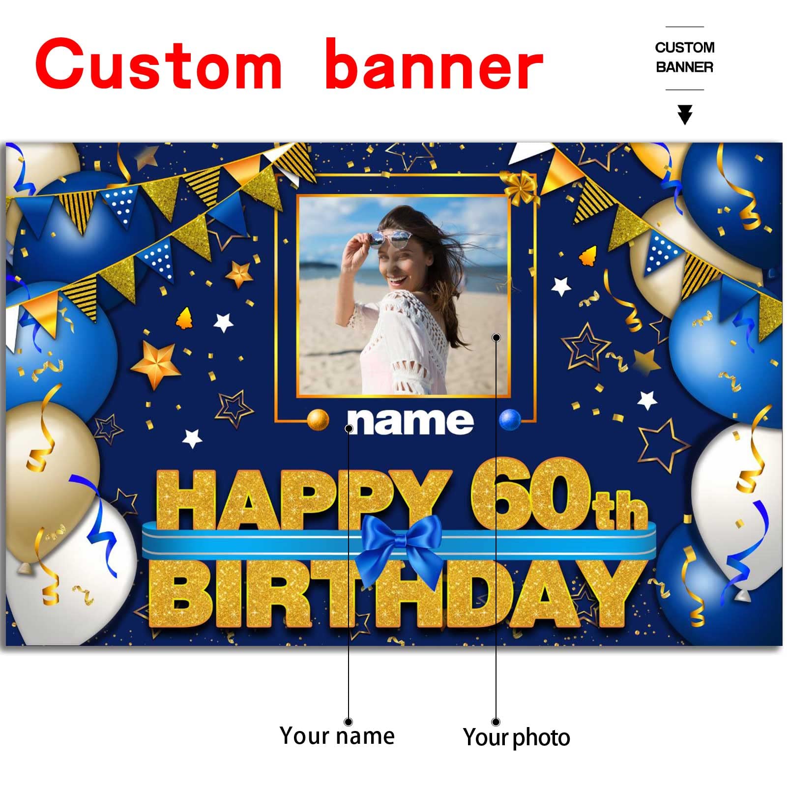 Custom Happy 60th Birthday Decorations Banner - 60 Years Old Birthday Decorations Backdrop for Women Men Boys Girls - Personalization Happy 60th Birthday Party Decorations Supplies - Navy Blue