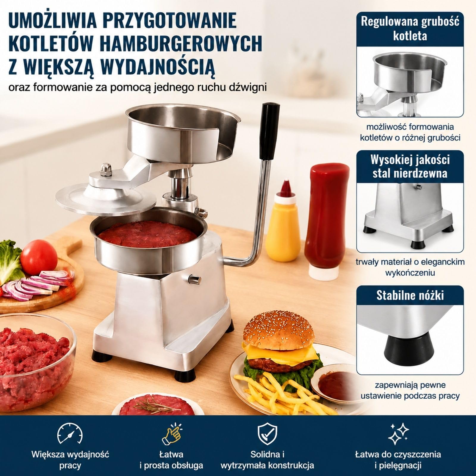 Ręczna prasa do burgerów z misą, metalowa forma do kotletów z 1000 arkuszami papieru do kuchni i cateringu