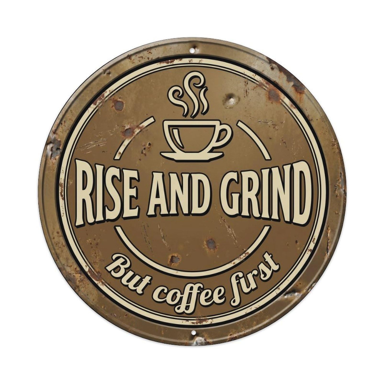 Cmhok Vintage Style Rise And Grind Vintage Round Wall Decor Retro Coffee Slogans 2 Metal Tin Sign Plaque Wall Decor For Cafe, Club, Garden Round Metal Poster 8X8inch