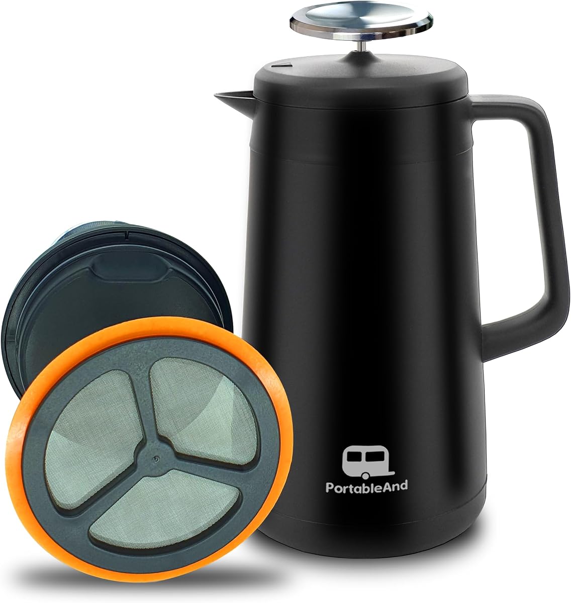 PortableAnd Cafetera de prensa francesa de silicona grande con aislamiento al vacío doble de 34 oz con anillo de silicona, acero inoxidable, perfecta para acampar, viajar y uso en el hogar (negro mate)