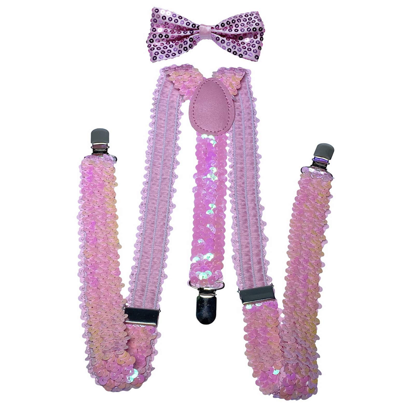 Herren Jungen Casual formelle passende Y Rücken 3 Clips Hosenträger & vorgebundene Fliege Combo Sets Gr. Einheitsgröße, Pailletten, Rosa