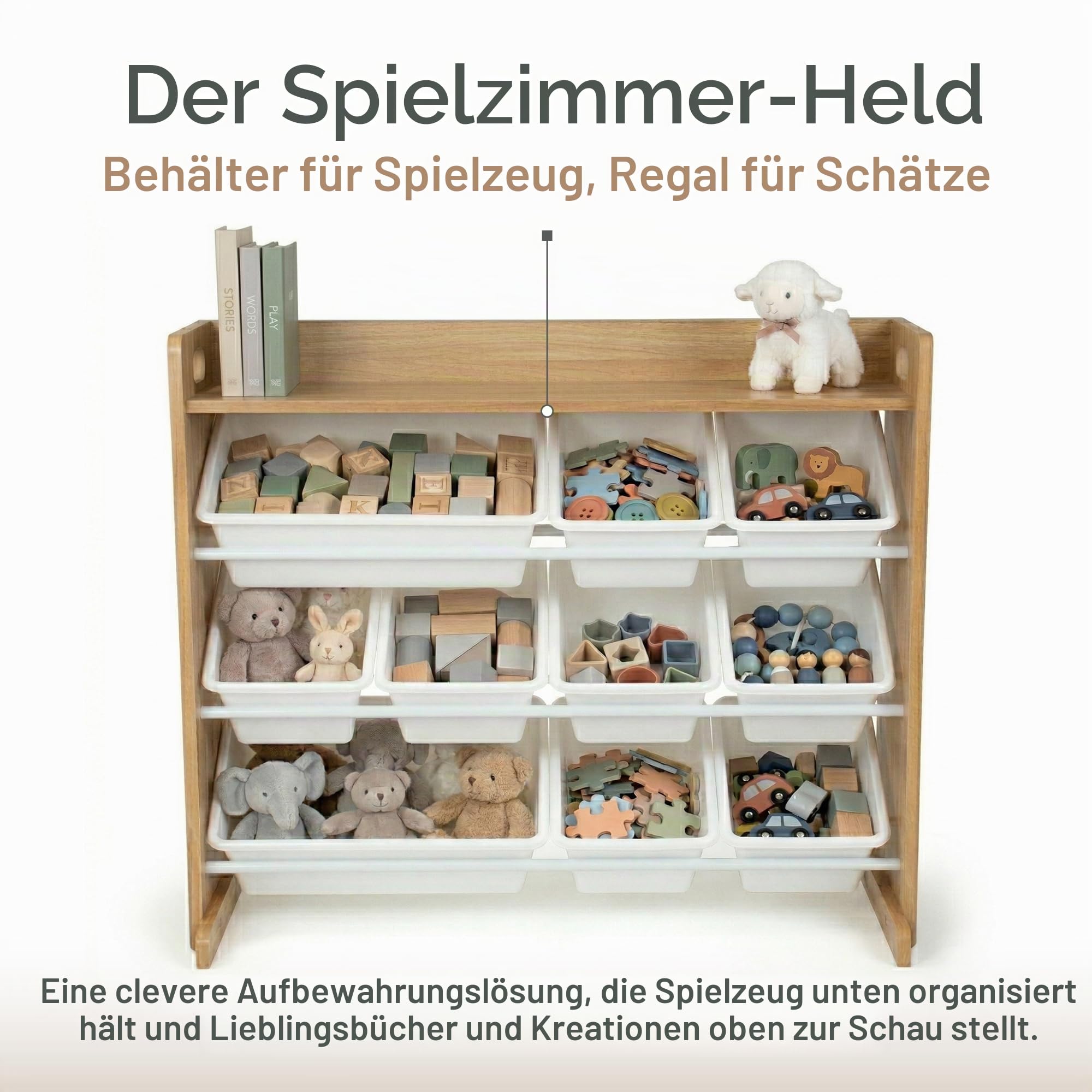 Humble Crew Kinderregal – Spielzeugregal mit 9 Aufbewahrungsboxen, Aufbewahrungsregal für Kinderzimmer, Natur/Weiß