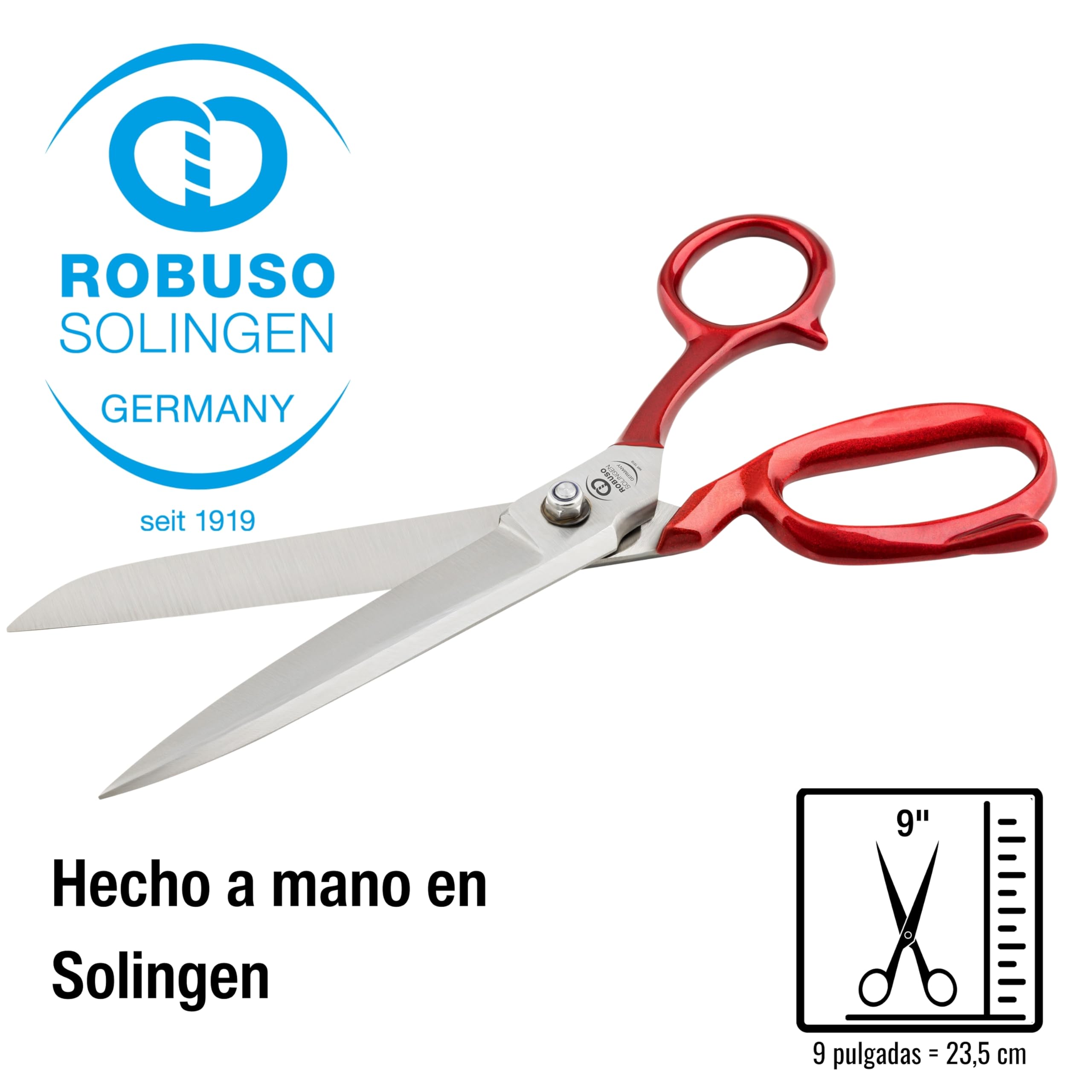 ROBUSO Tijeras de sastre de calidad magistral, tijeras de tela, fabricadas en Solingen, tijeras de acero al carbono C60 forjado, endurecidas, 23,5 cm – 9 pulgadas