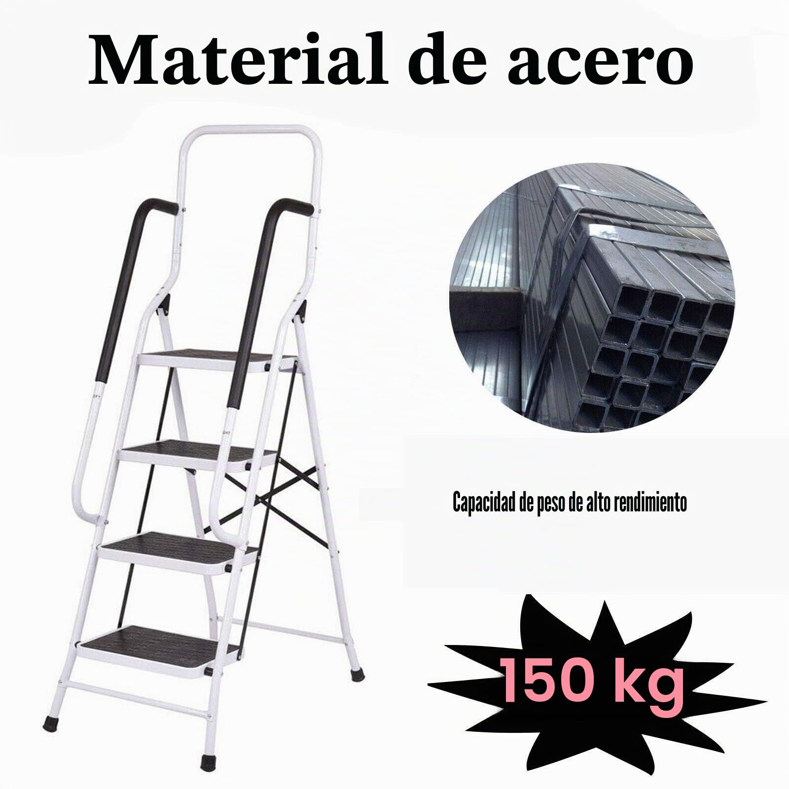 Escalera plegable de seguridad de 4 peldaños – Silla plegable antideslizante con pasamanos laterales antideslizantes, escalera para casa y oficina, acero resistente, capacidad de carga máxima de 150