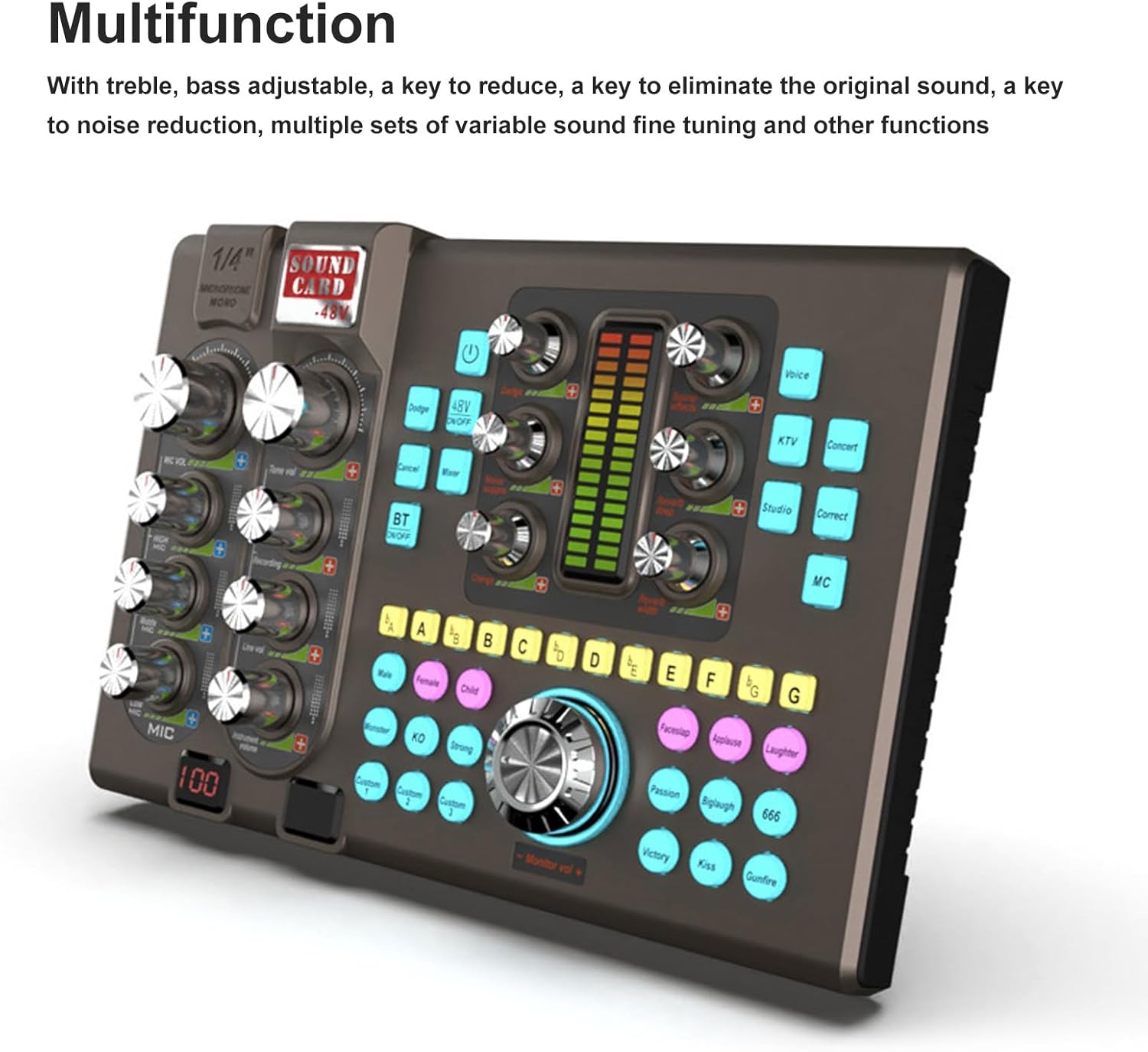 Podcast Sound Mixer, Treble Bass Adjustable One Click Noise Reduction Professional Portable Live Sound Card Board with Multiple Sound Effects for Music Recording Karaoke Singing