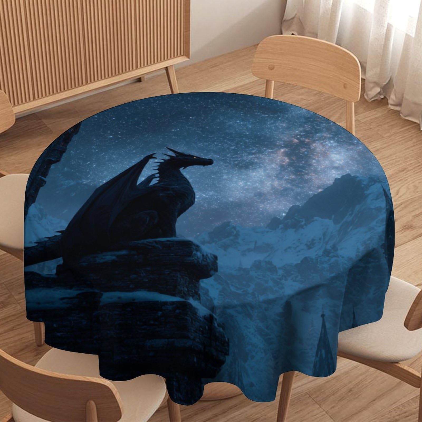 LUYYSKY Classic Watercolor Cool Dragon Waterproof Round Tablecloth Rustic Antique Starry Sky Castle Fantasy Animals Dragon Washable Table Cover for Kitchen-60 Wx60 L