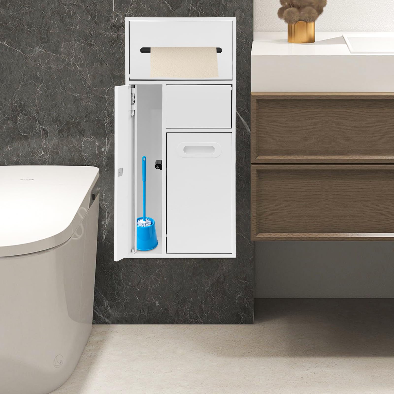 Badezimmer aus Edelstahl mit Eingebauter Dusche Badezimmer Einbau Organizer, MüLleimer mit Toilettenpapierhalter und BüRstenspeicher, Platzsparend, Rostfrei, für Zuhause und BüRo (Weiß)