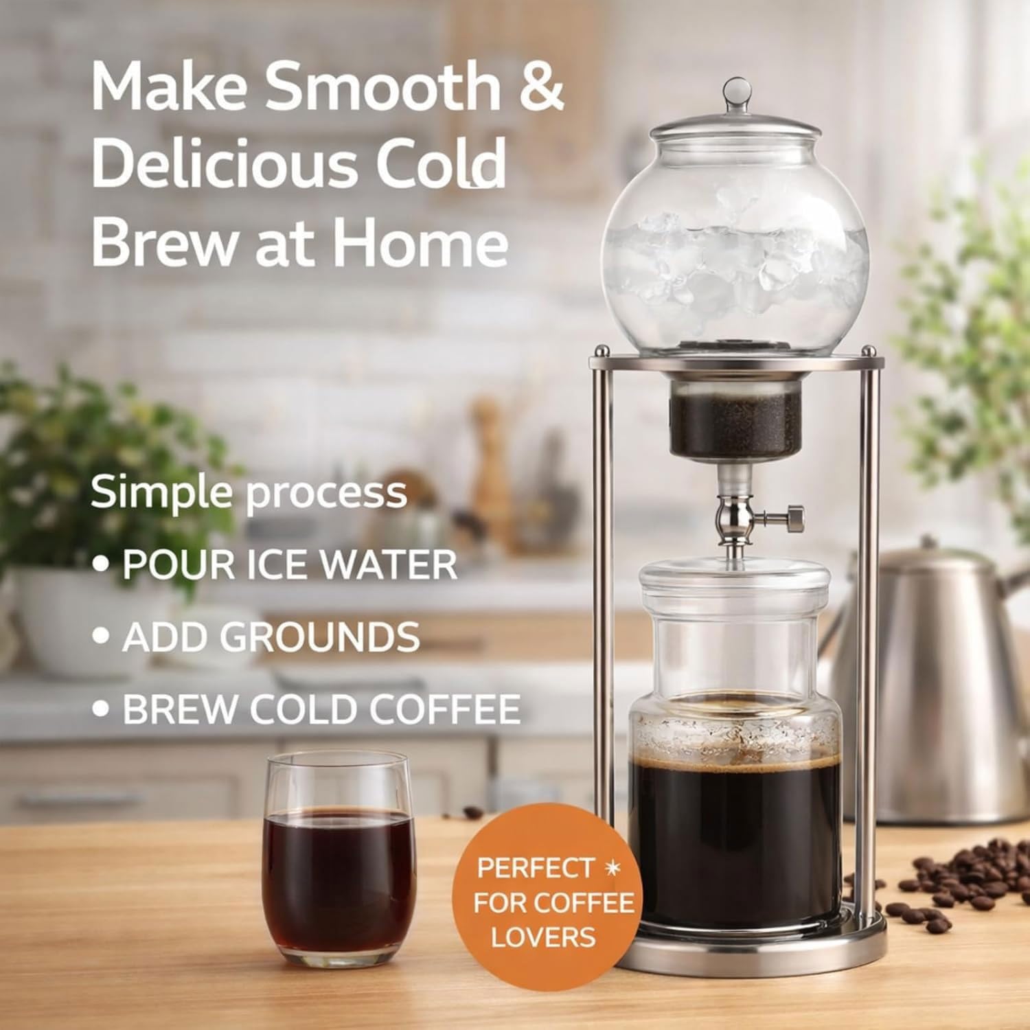 Ekspres do kawy Cold Brew, przenośna wieża ociekowa 600 ml z ramą ze stali nierdzewnej i szkłem borokrzemowym, powolne kapanie do domu i biura