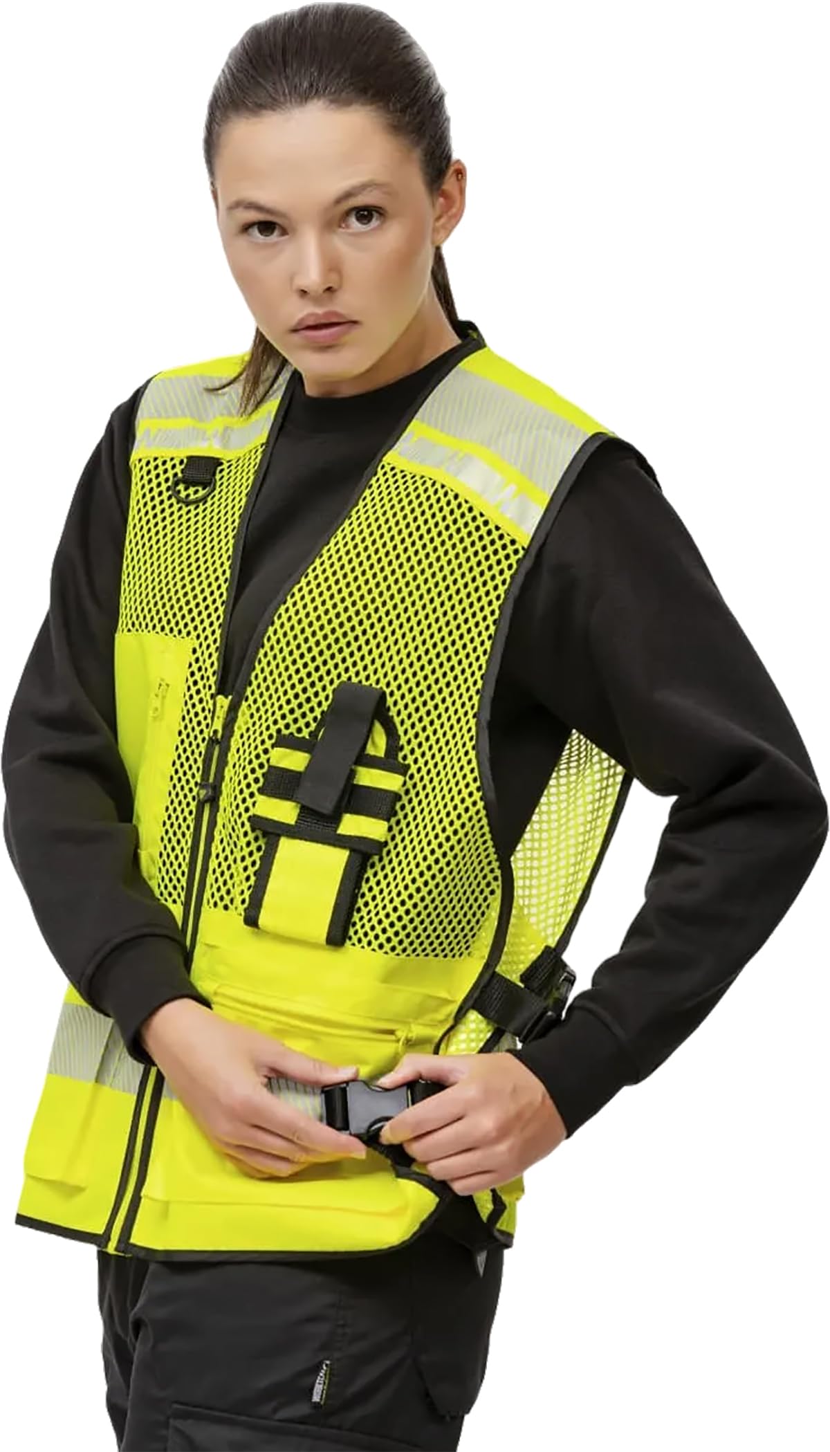 WORKTEAM Chaleco de Alta Visibilidad con Rejilla Transpirable, Cintas Reflectantes Segmentadas, Ajustes Laterales y Multibolsillos Unisex