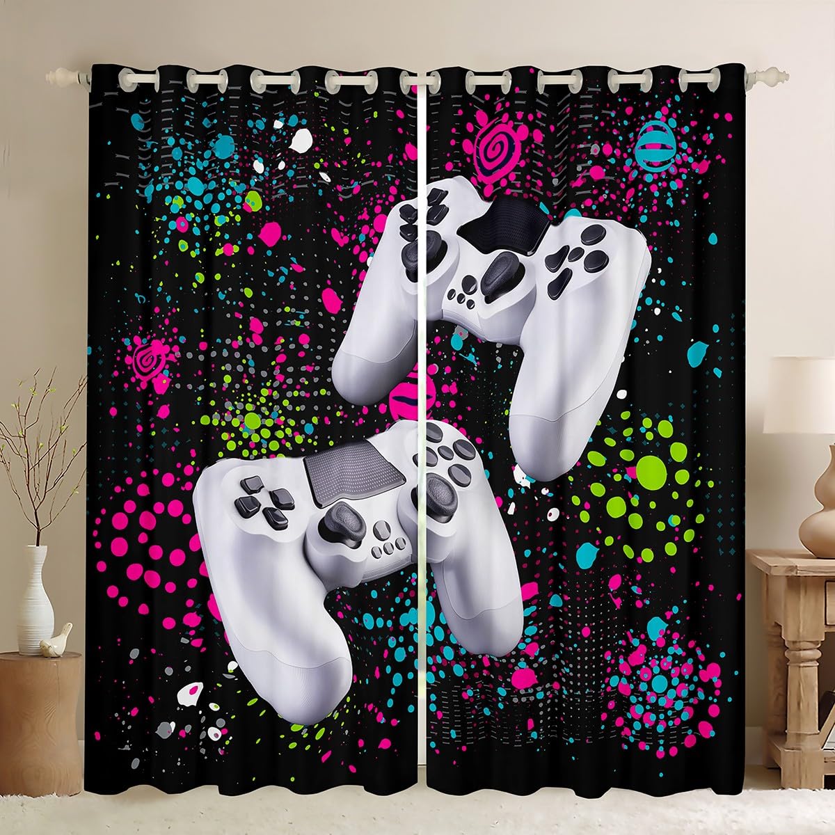Loussiesd Gamepad Curtains Colorful Tie Dye Curtains for Bedroom Living Room Teens Video Game Gamepad Polka Dot Windows Drapes Game Controller Room,W66*L72 โ image 1