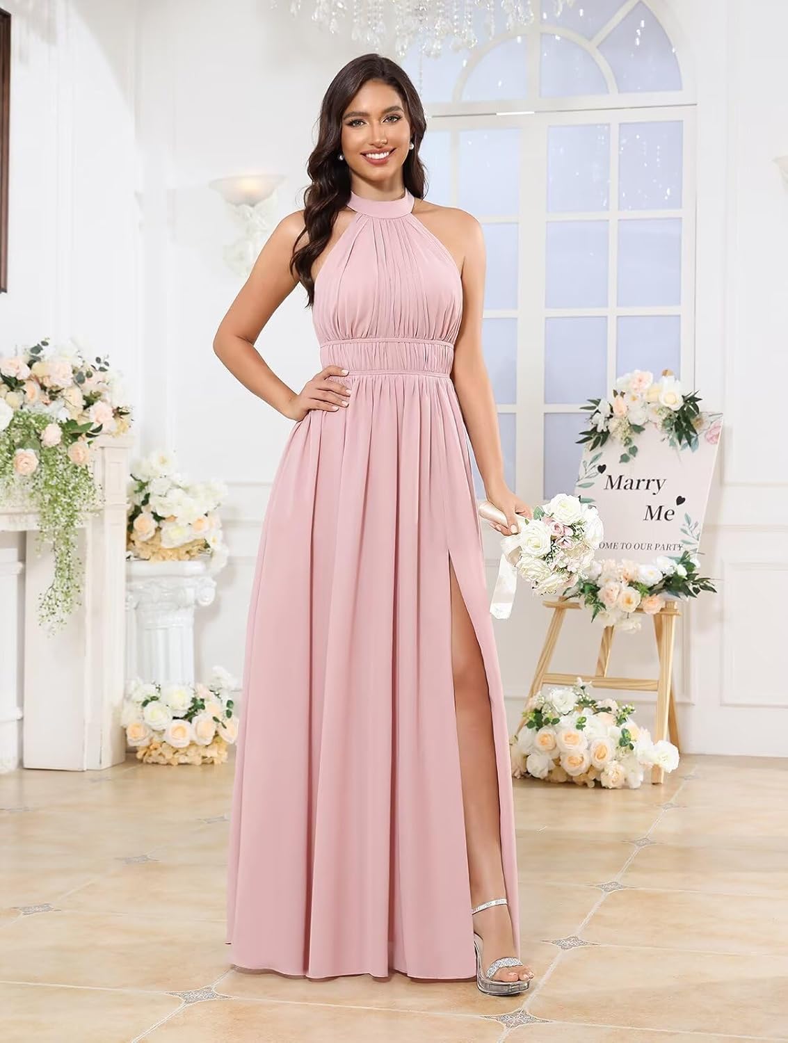 Halter Chiffon Bridesmaid Dresses Long Ruched Top Empire Waist Flowy A Line Prom Dress Formal Gowns for Women - Image 2