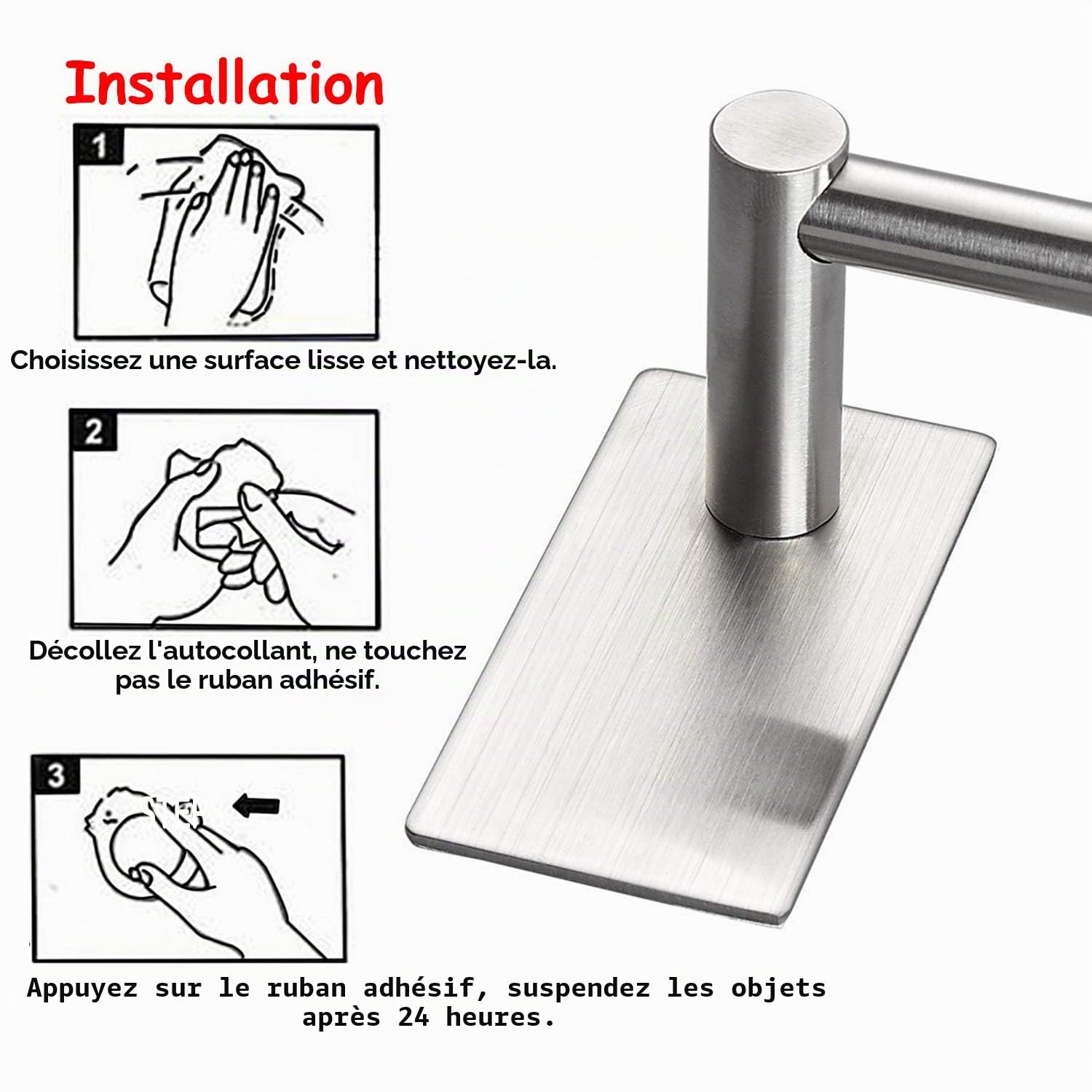 JS Barre Porte-Serviettes Auto-Adhesif en Acier Inoxydable Brosse pour Salle de Bain, 55 cm, Chambre a Coucher, Cuisine - Argente