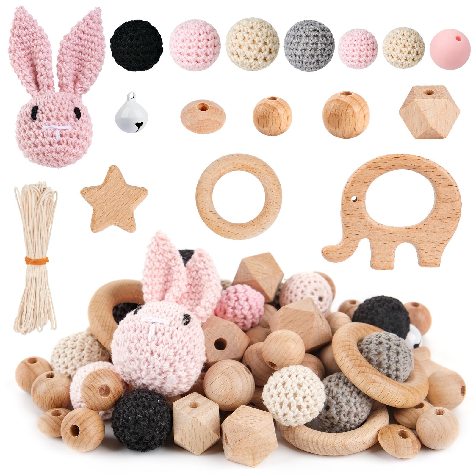 ARTREE Buchenholz Perlen Selber Machen, Beech Holzperlen Rund Holzkugeln mit Loch zum Auffädeln, Holzperle Holzringe Set, Holzperlen Holz Perlen für basteln DIY, DIY Bastelset