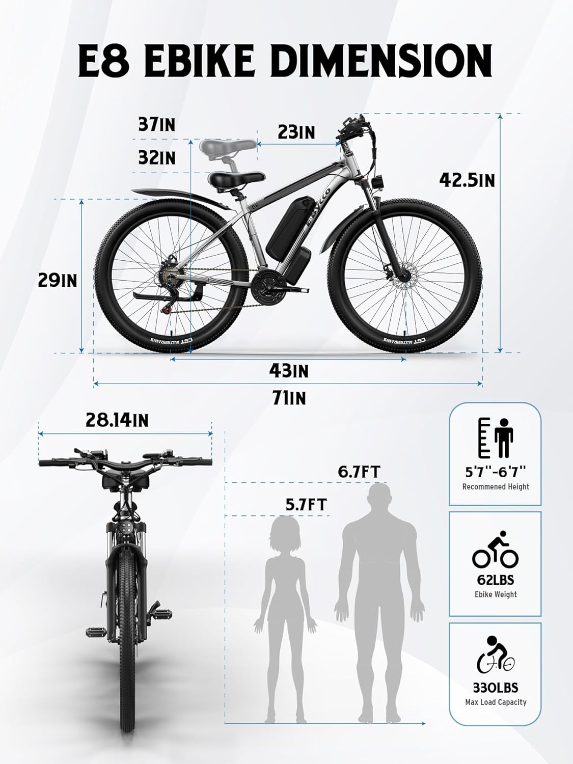 E·Bycco 34 MPH 70 Miles Long Range 1000W Electric Bike for Adults – 29" Tire 48V 17.5Ah Removable Battery, 21 Speed, Fast City Commuter Pedal Assist E-Bike for Snow Sand, E8