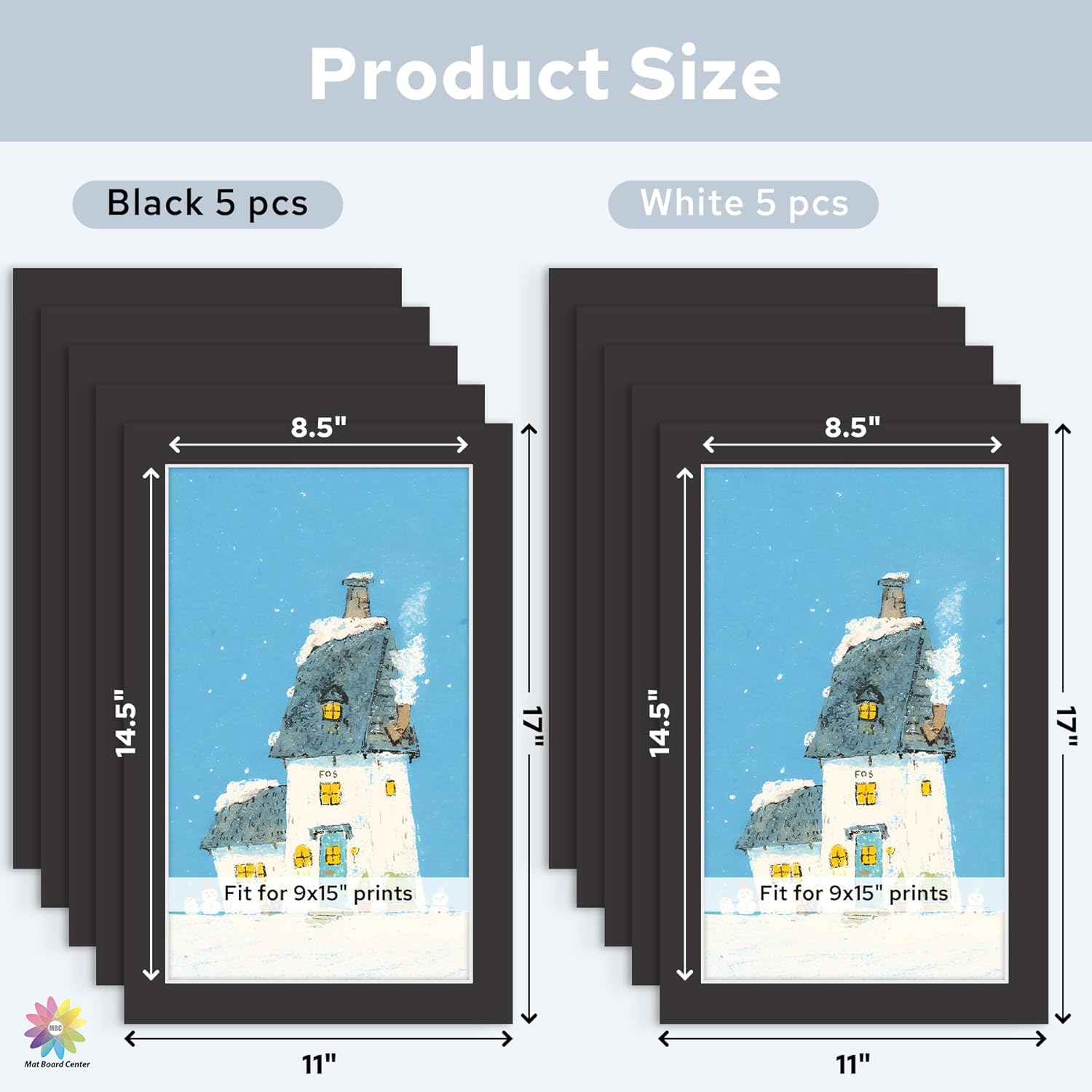 Mat Board Center, 10 Pack Pre-Cut 11x17 Picture Mats for 9x15 Photos/Prints - Acid Free, Bevel Cut, White Core, 4-Ply Thickness (White & Black) - Image 2