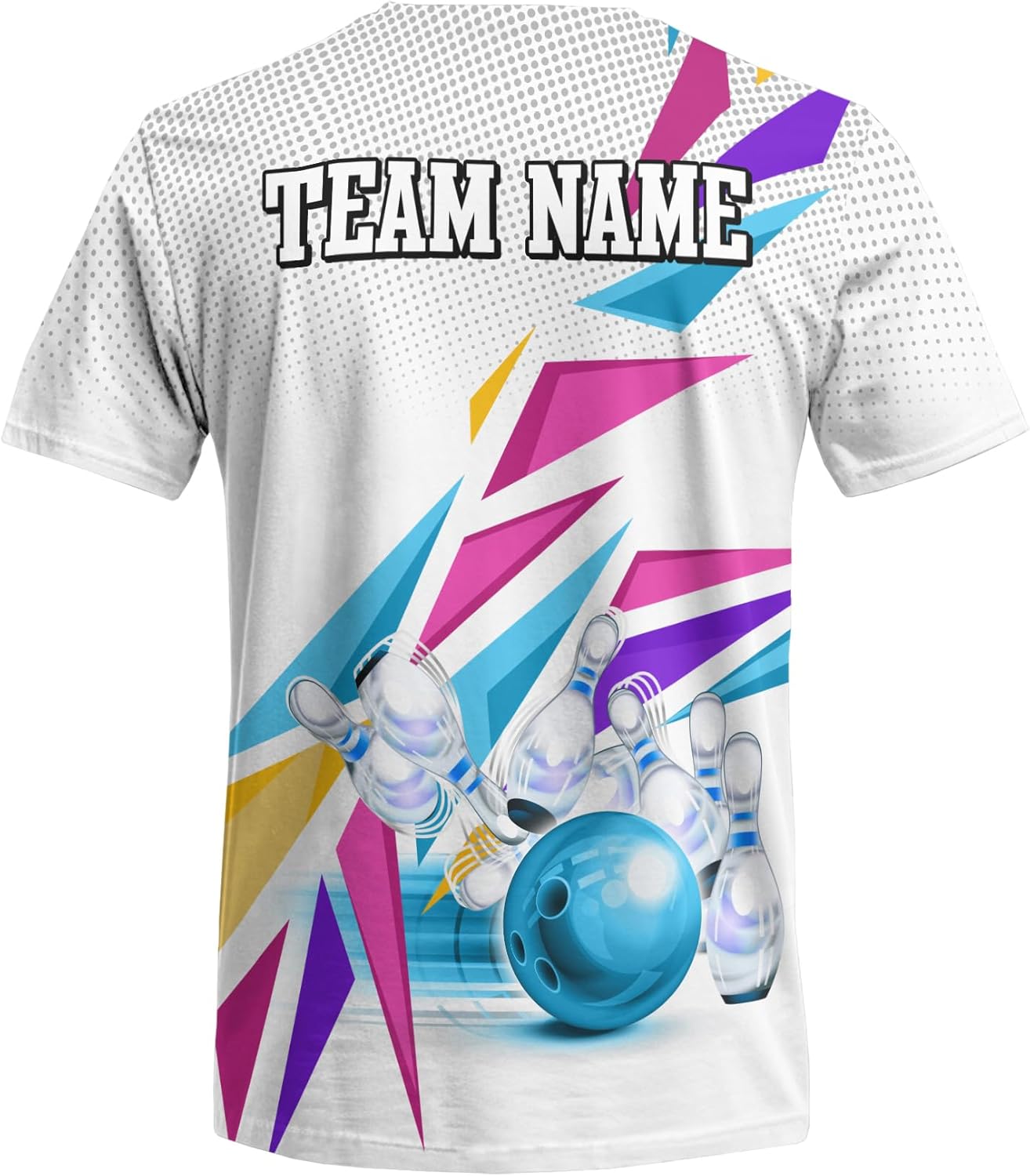 Custom Name Bowling T-Shirt Print Top with Bowling Theme and Colorful Geometric Pattern Graphic On it for Bowler