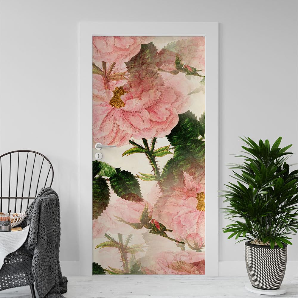 Autocollant de porte fleurs roses en vinyle imperméable PVC 3D 77x200cm