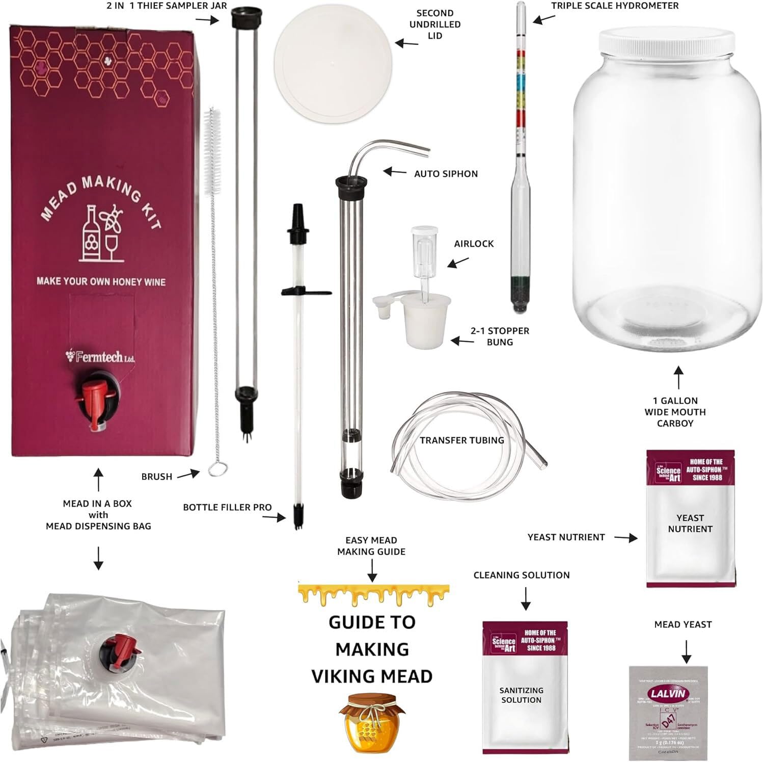 Kit de fabrication d'hydromel de luxe de 21 pièces – Kit réutilisable pour faire votre propre hydromel – Rendement de 3,8 l d'hydromel | Compatibilité bière, vin, fruits, vin, kombucha