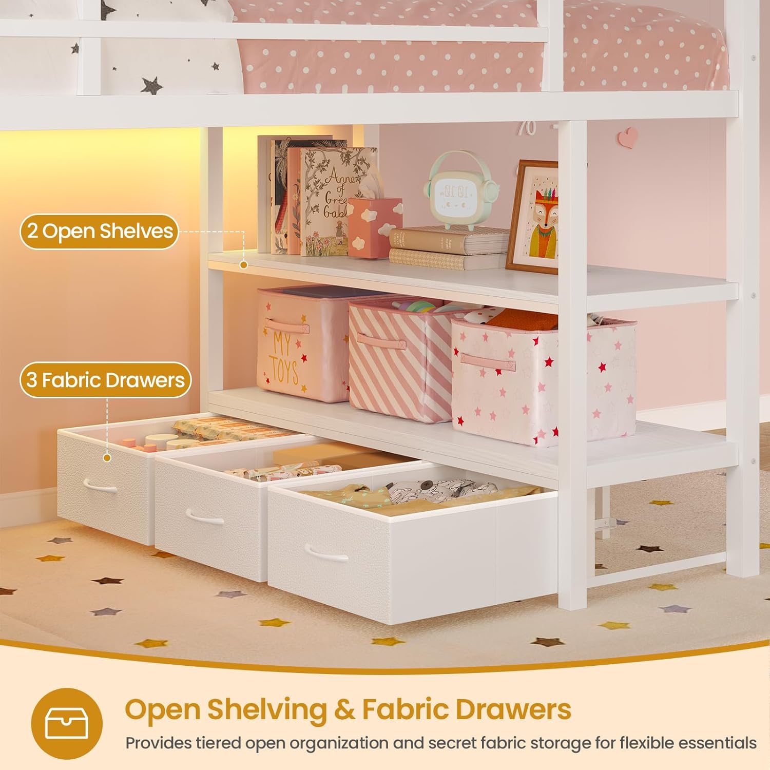 ADORNEVE Low Loft Bed Twin Size with 5 Storage Drawers, Twin Loft Bed with Bookcase & LED Lights, Open Storage Shelves, Metal House Bed with Safety Guardrail & Under-Bed Play Space for Kids, White