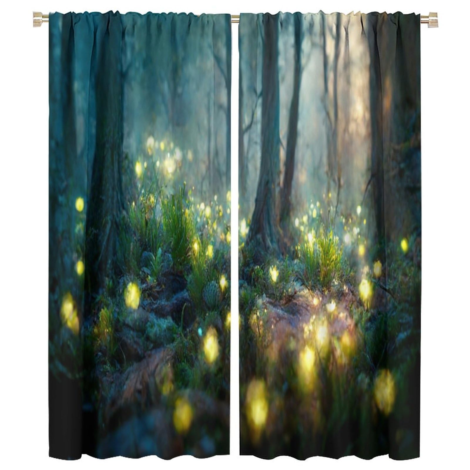 Dark Night Forest Curtain,Forest Path with Glowing Fireflies for Children Room Bedroom Curtains Drapes 2 Panels 42x54 Inch