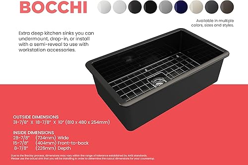 Miniatura 4 de BOCCHI Sotto - Fregadero de cocina de doble montaje de 32 pulgadas con rejilla inferior protectora y colador en color negro