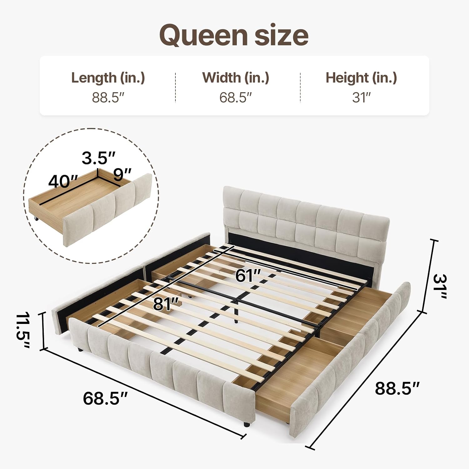 Queen Size Modern Cloud Bed, Platform Bed with Soft Headboard, BlockStyleGrounded Upholstered Bed with 4 StorageDrawers, forBedroom, ApartmentRoom(Beige-with 4 Storage Drawers, Queen (U.S. Standard))