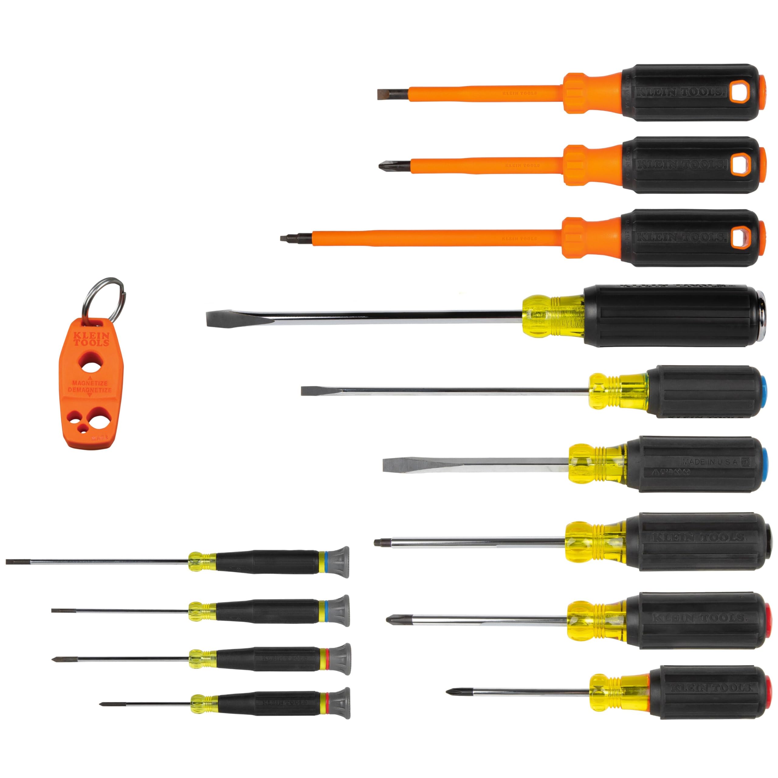 Klein Tools 85814 Juego de destornilladores, precisión, aislados, mangos codificados por colores, Phillips, ranurado, gabinete, piedra angular, demolición, puntas cuadradas, 14 piezas