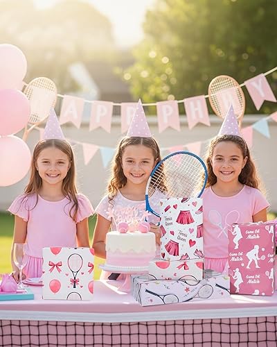 Miniatura 8 de Pineraap Papel de regalo de tenis para niñas y mujeres, 12 hojas de papel de regalo de tenis rosa, papel de regalo deportivo con raquetas, bolas,