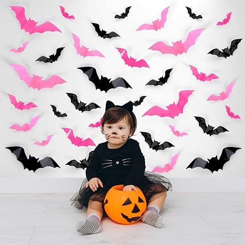 Miniatura 8 de Whaline 112 piezas de decoración de pared de Halloween, murciélagos 3D con adhesivo de espuma, rosa y rojo rosa, impermeables, calcomanías de