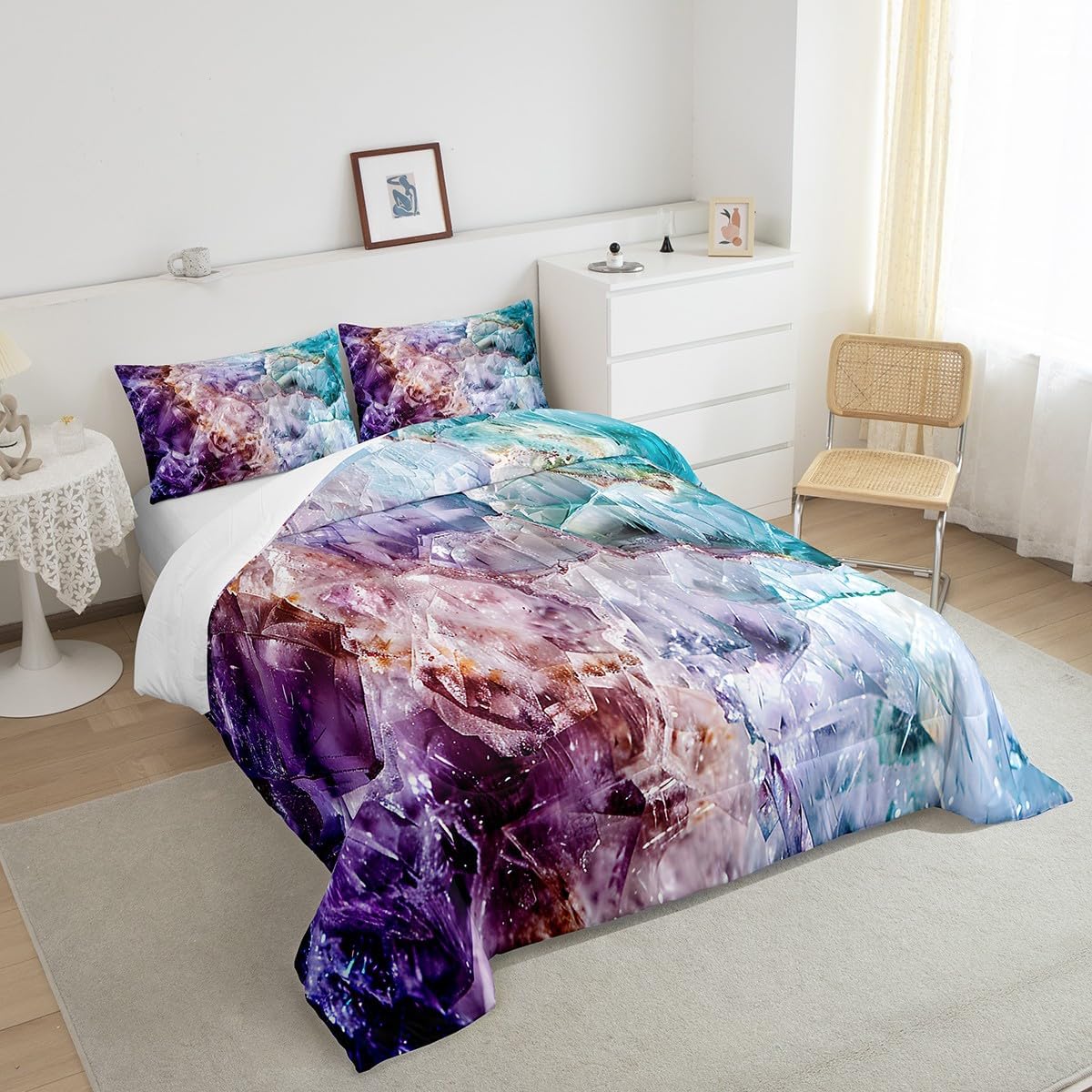 Castle Fairy Marble Bedding Set Full Size Purple Marble Aesthetic Comforter Abstract Mabling Comforter Set Purple Teal Duvet Set 3Pcs Quilt Set 1 Comforter Set with 2 Pillowcase