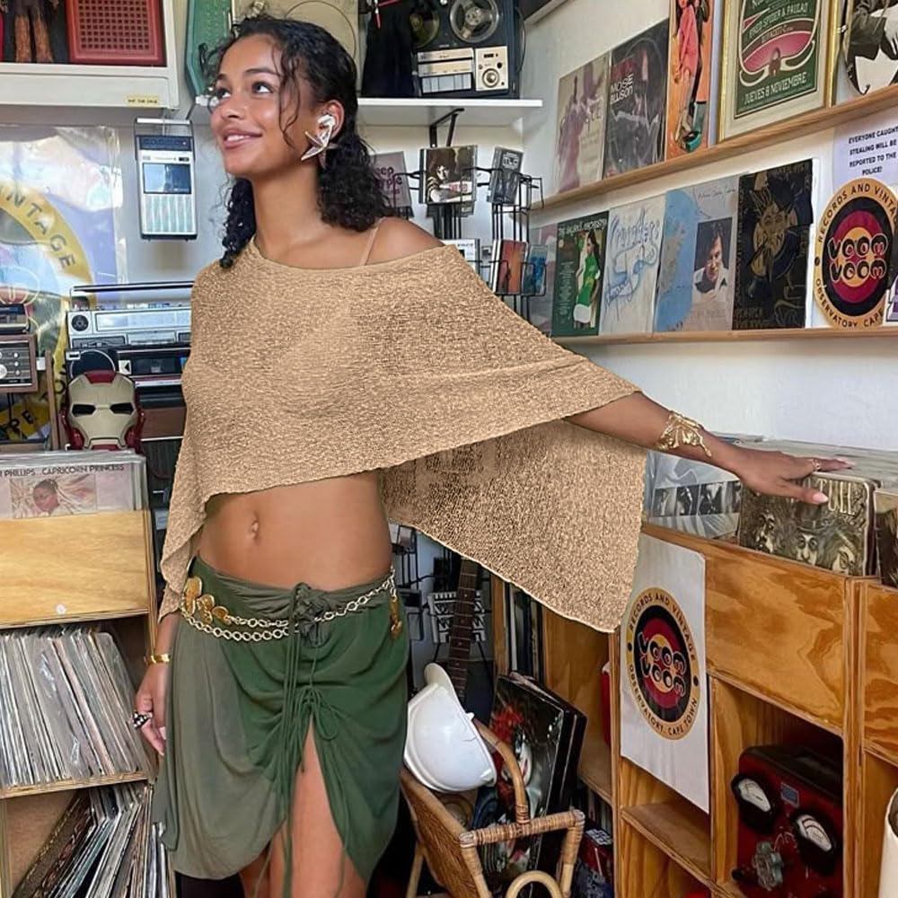 Poncho Femme Asymétrique Multifonctionnel Châle Tricoté Élégant Cape Légère Couverture d'Été Transparent pour la Plage et Soirées Formelles(Marron)