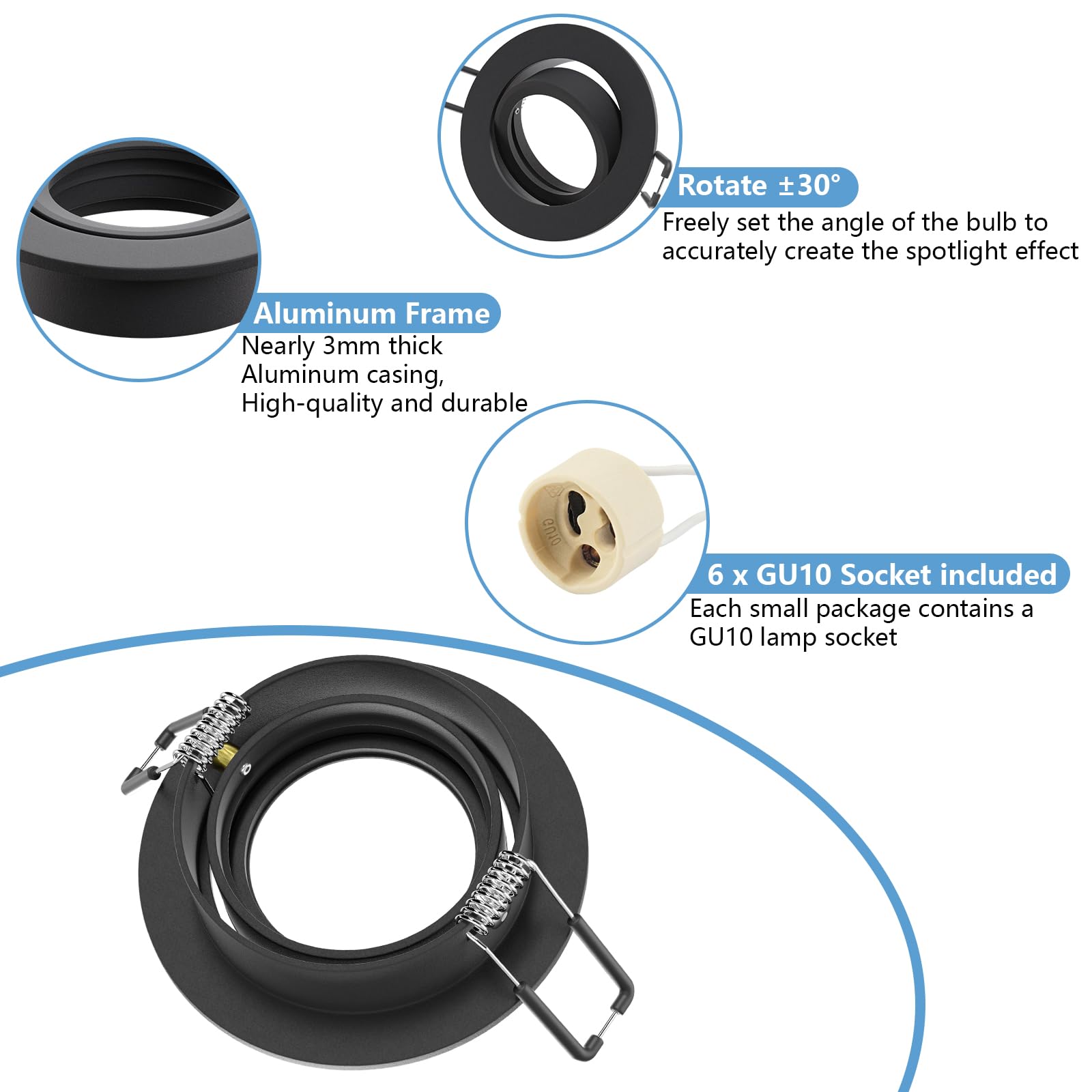 Marco Foco Empotrable GU10 Aluminio Negro Orientable Downlight LED Empotrable Ojo de Buey de techo con Portalámparas GU10 68mm Para Lámparas De Led O Halógena, Redondo 60-75mm 230V 12 Pack