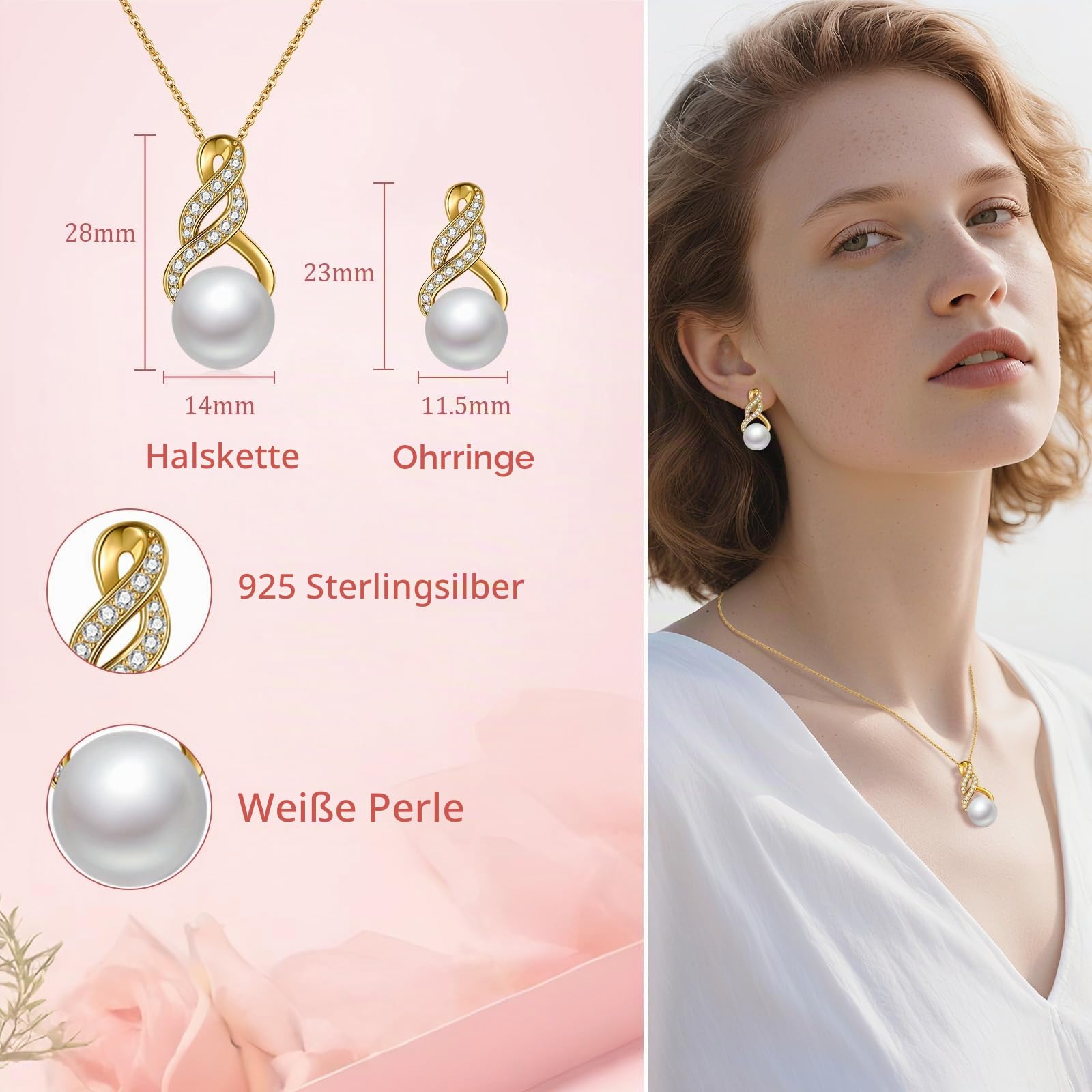 BONLAVIE Perlen Halskette und Ohrringe Set für Damen Rhodium-/Goldplatiert 925 Sterlingsilber Perlen Schmuckset Jubiläum Geburtstagsgeschenk für Sie Verpackt in einer Eternal Rose Box