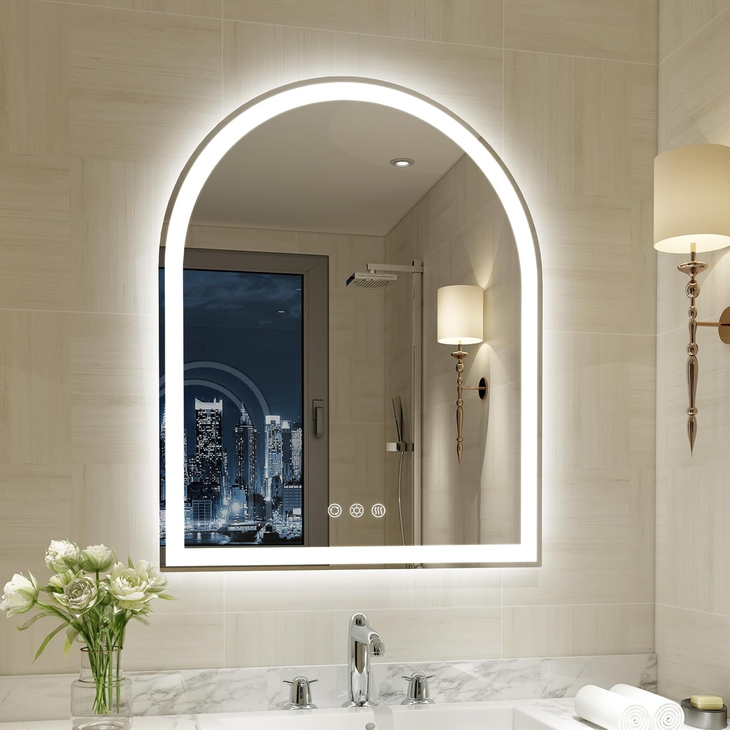 Arched LED Mirror for Bathroom 24 x 30 Inch, Frameless LED Bathroom Mirror with Lights, Fogless, Dimmable, 3 Color Changing, Touch Sensor 30"L x 24"W