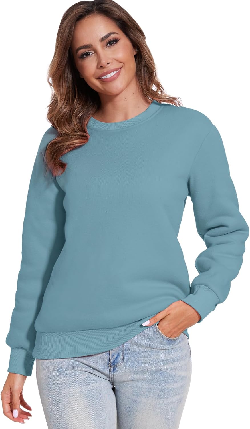 Flygo Women's Sherpa Lined Fleece Crewneck Pullover Sweatshirts Casual Winter Warm Sweatshirt - Image 2