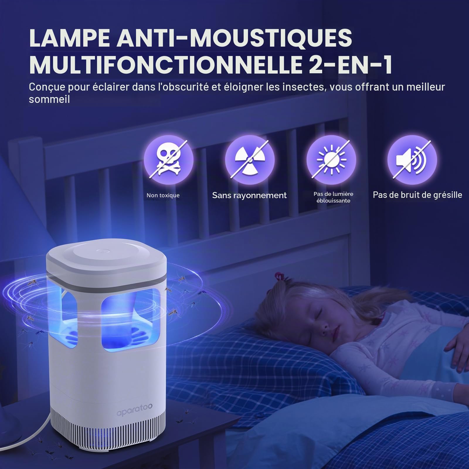 Anti Moustique, Electric Anti Mouche Powerful UV Moustiques Zapper, USB Charge Lampe Anti Moustique Interieur,180°Lumière Tueuse de Moustiques pour Indoor, Outdoor, Bedroom, Kitchen, Office