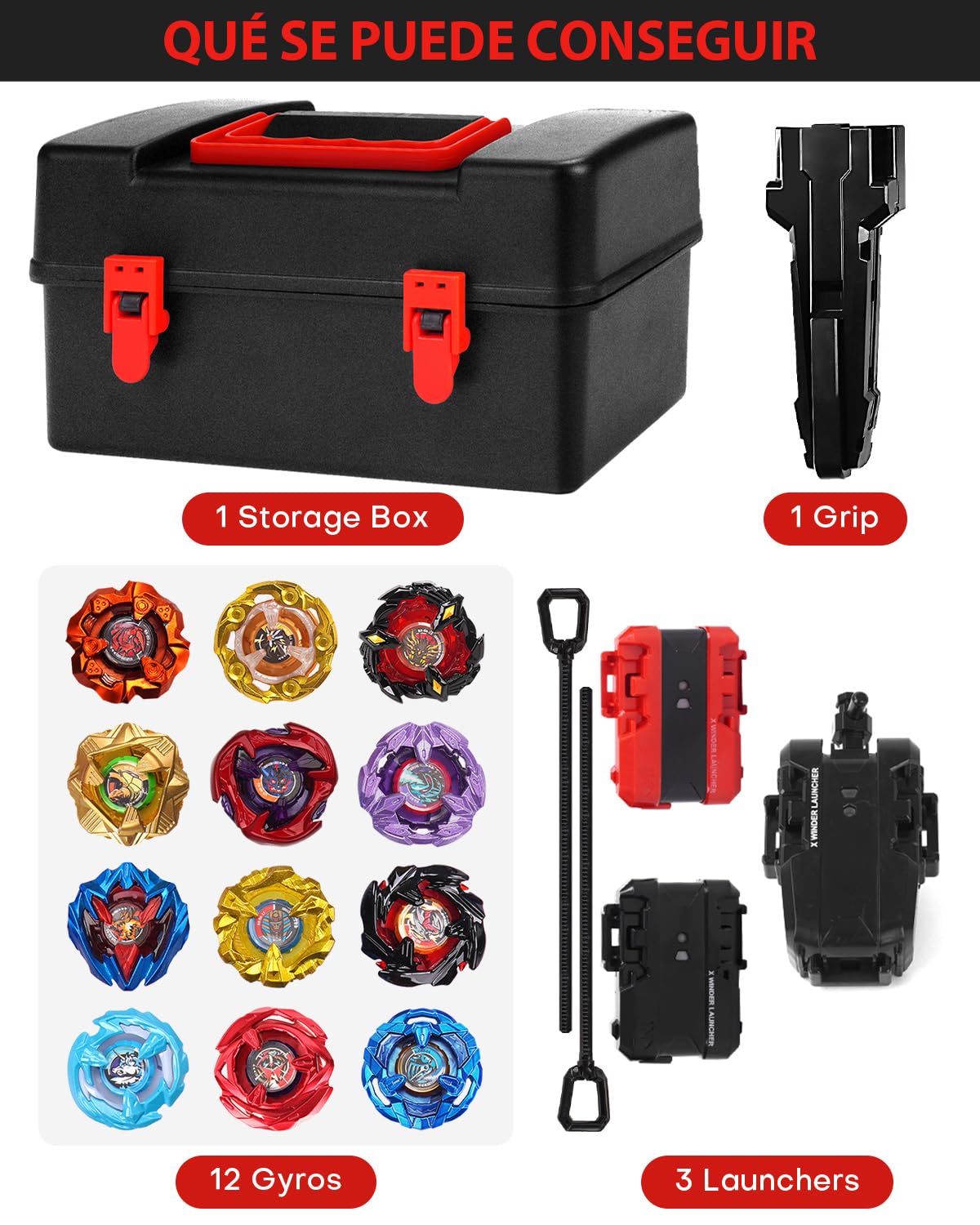 DEZAWRTY Set de Batalla X – 12 Peonzas Giratorias, 3 Lanzadores y 1 Empuñadura con Caja de Almacenaje, Juguete Cumpleaños para Niños 6+ Años (X4) (X4-12PCS)