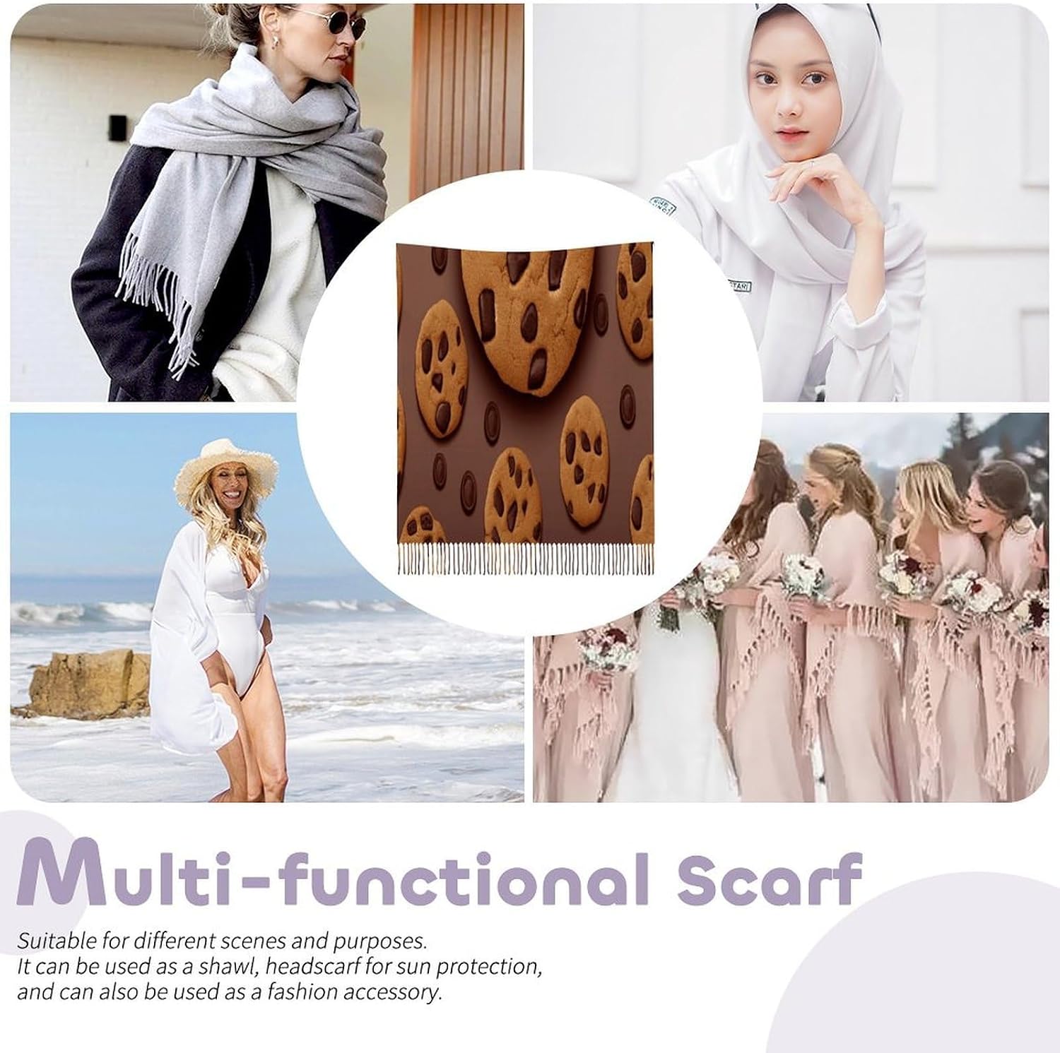 Chocolate Cookie Scarf for Women Men Classic Fashion Blanket Scarves Soft Cashmere Feel Scarf Cold Weather Warm Long Shawl Winter Large Scarves Classic Blanket Scarfs Thick