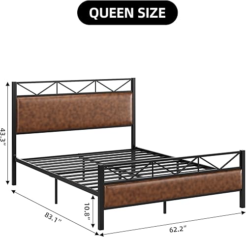 Miniatura 2 de GAOMON Base de cama tamaño Queen, marco de cama de plataforma de metal con cabecero y estribo rústico vintage empanado suave, sin ruido, no necesita